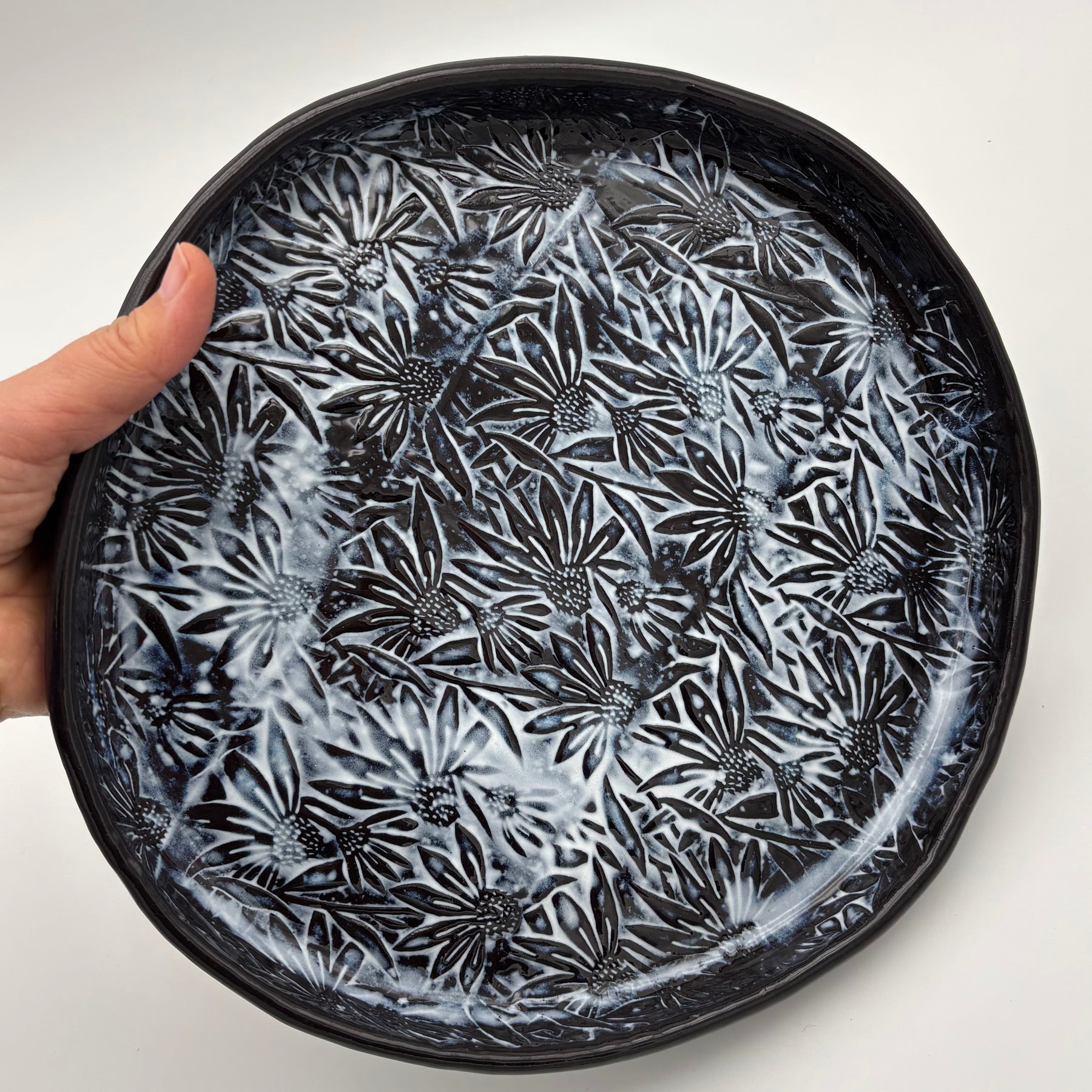 Handmade Ceramic Large Serving Plate | Low Flat Bowl | Slab Rolled Black Clay | Organic Irregular Shape | Floral