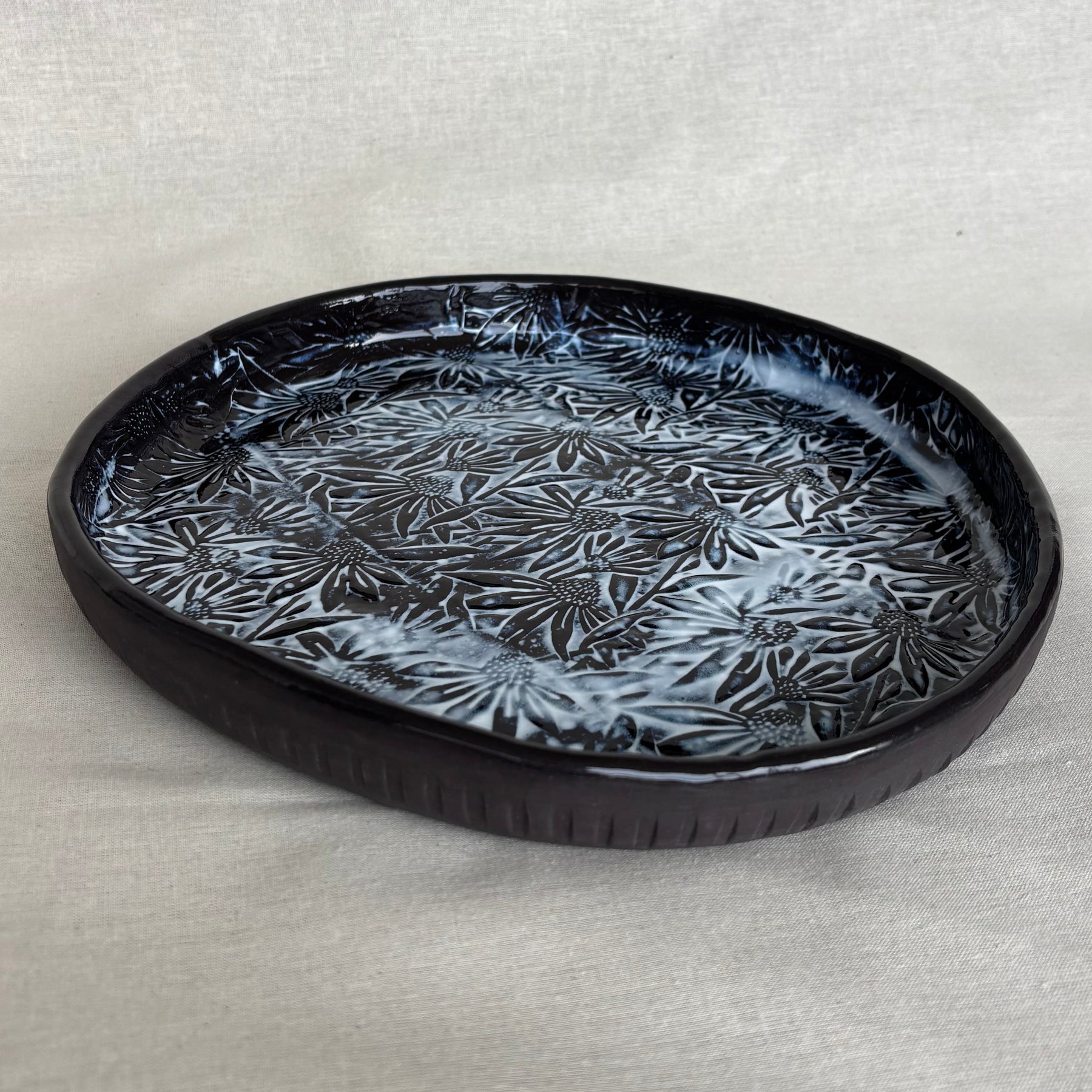 Handmade Ceramic Large Serving Plate | Low Flat Bowl | Slab Rolled Black Clay | Organic Irregular Shape | Floral