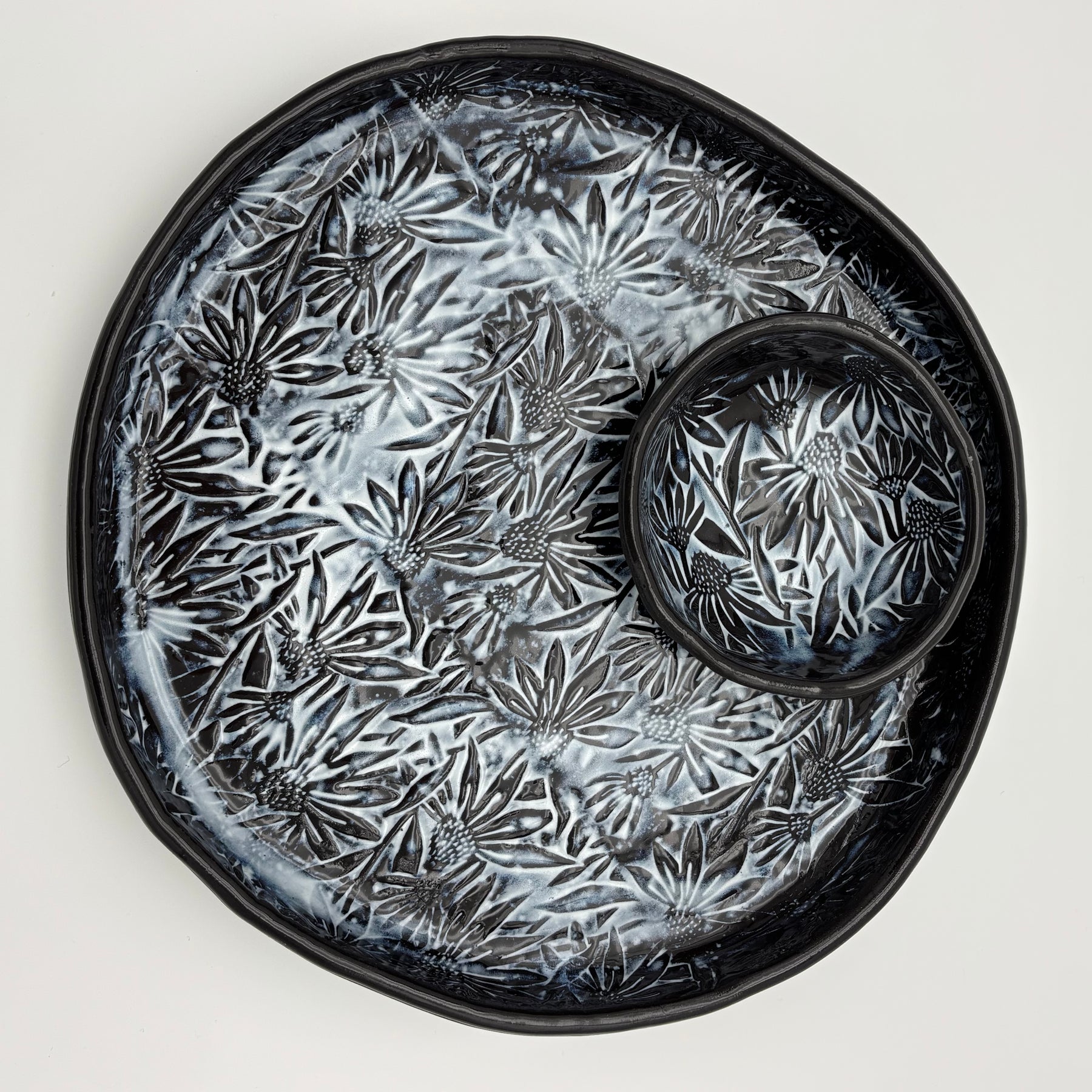 Handmade Ceramic Large Serving Plate | Low Flat Bowl | Slab Rolled Black Clay | Organic Irregular Shape | Floral