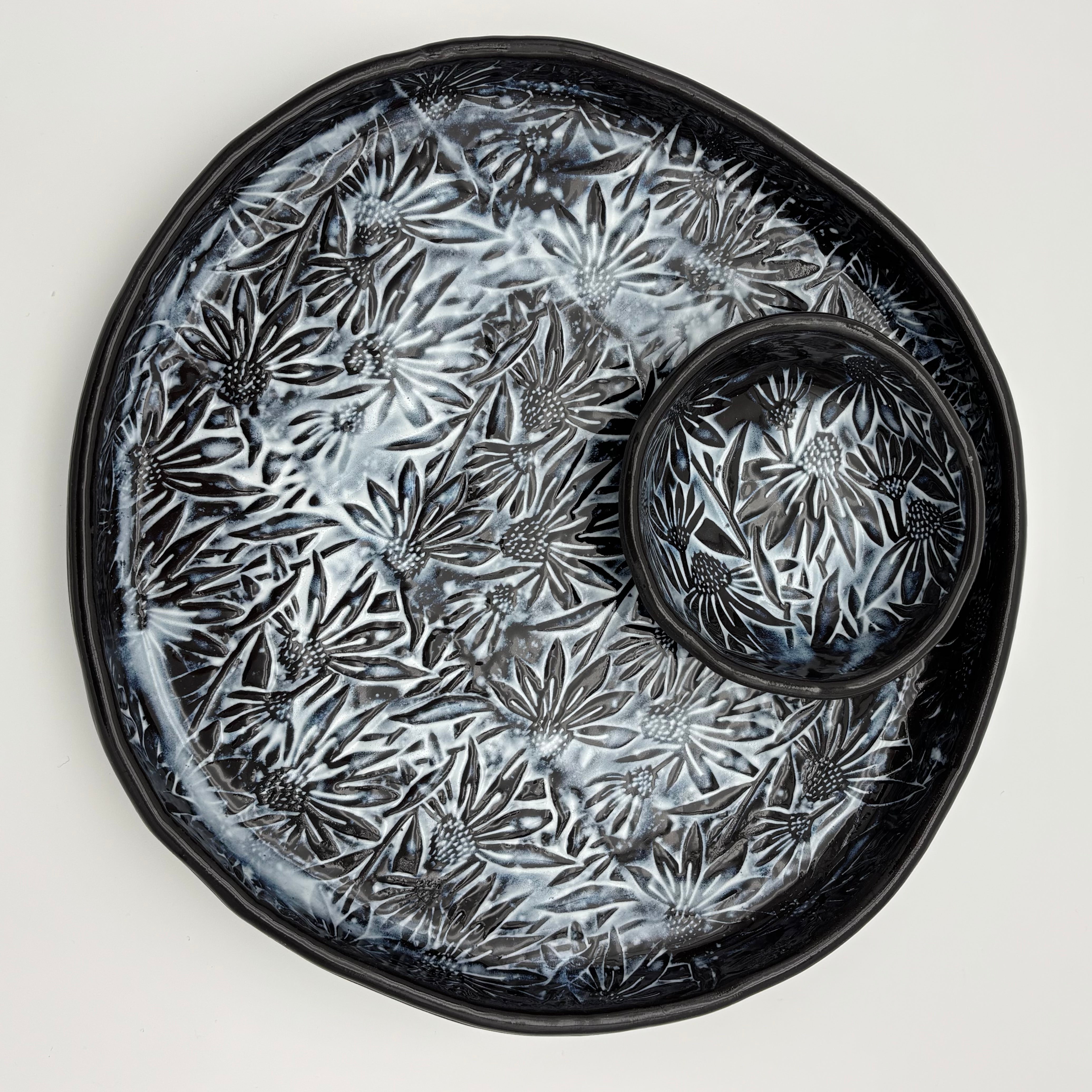 Handmade Ceramic Large Serving Plate | Low Flat Bowl | Slab Rolled Black Clay | Organic Irregular Shape | Floral