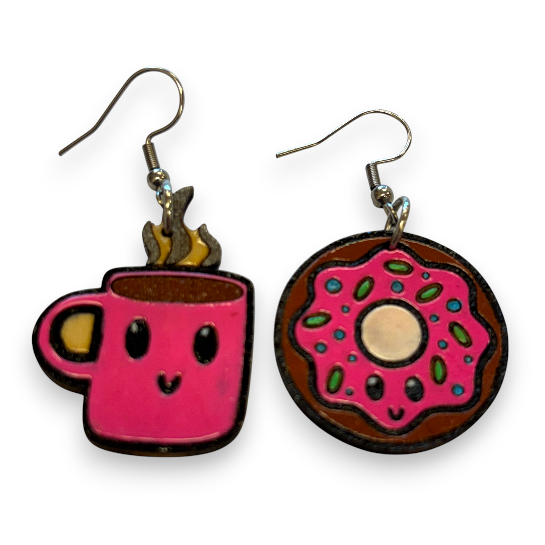 Wooden coffee and donut earrings - hand painted