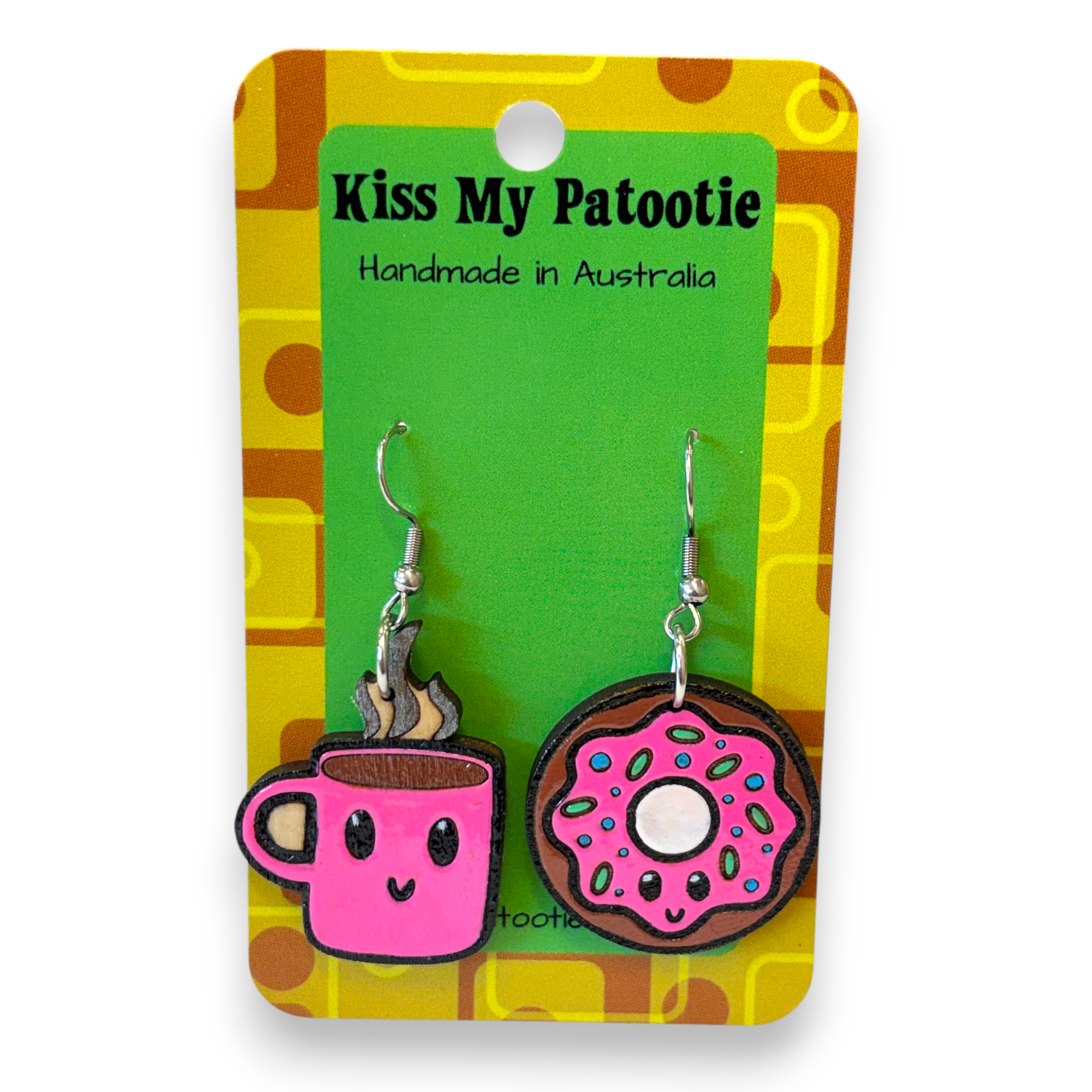 Wooden coffee and donut earrings - hand painted
