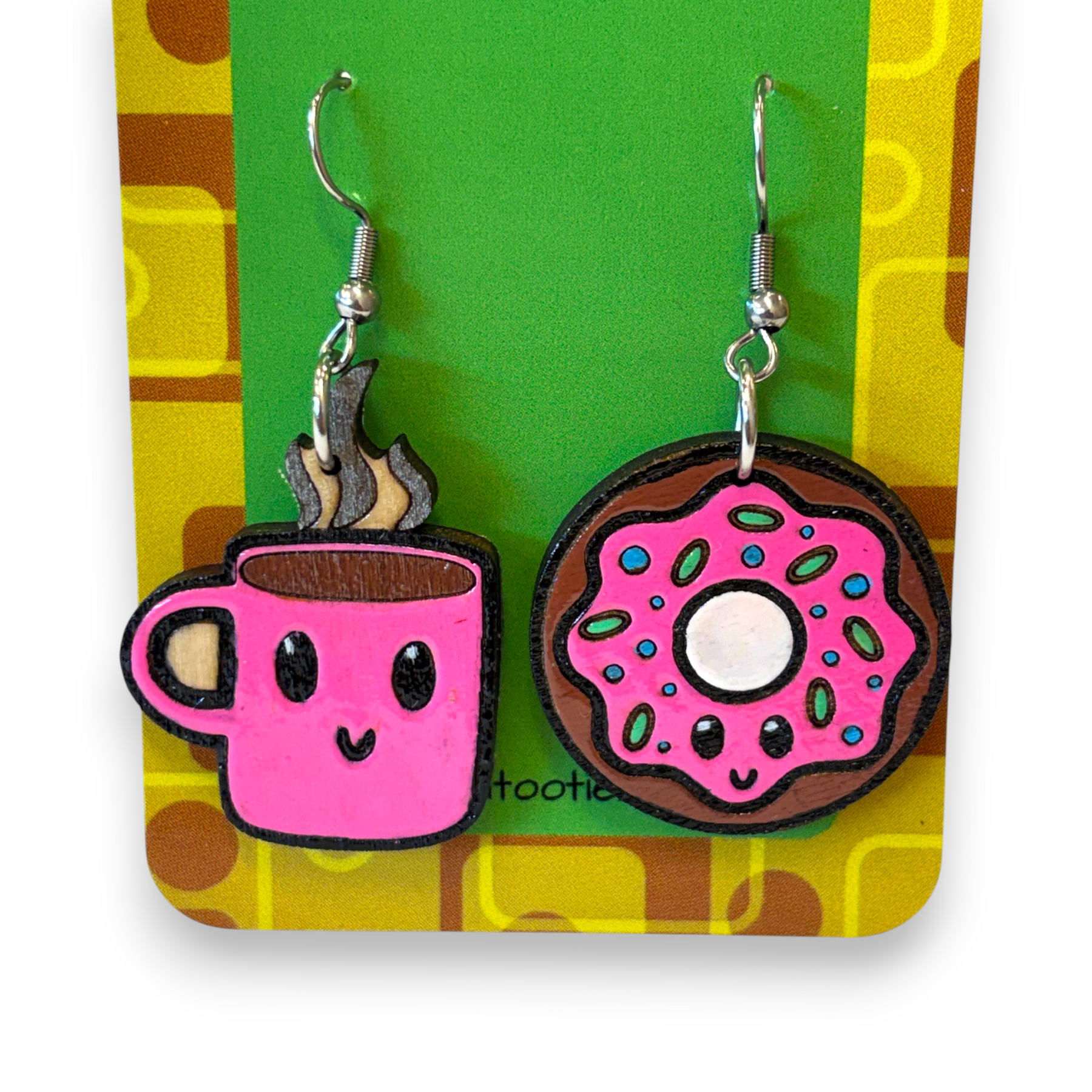 Wooden coffee and donut earrings - hand painted