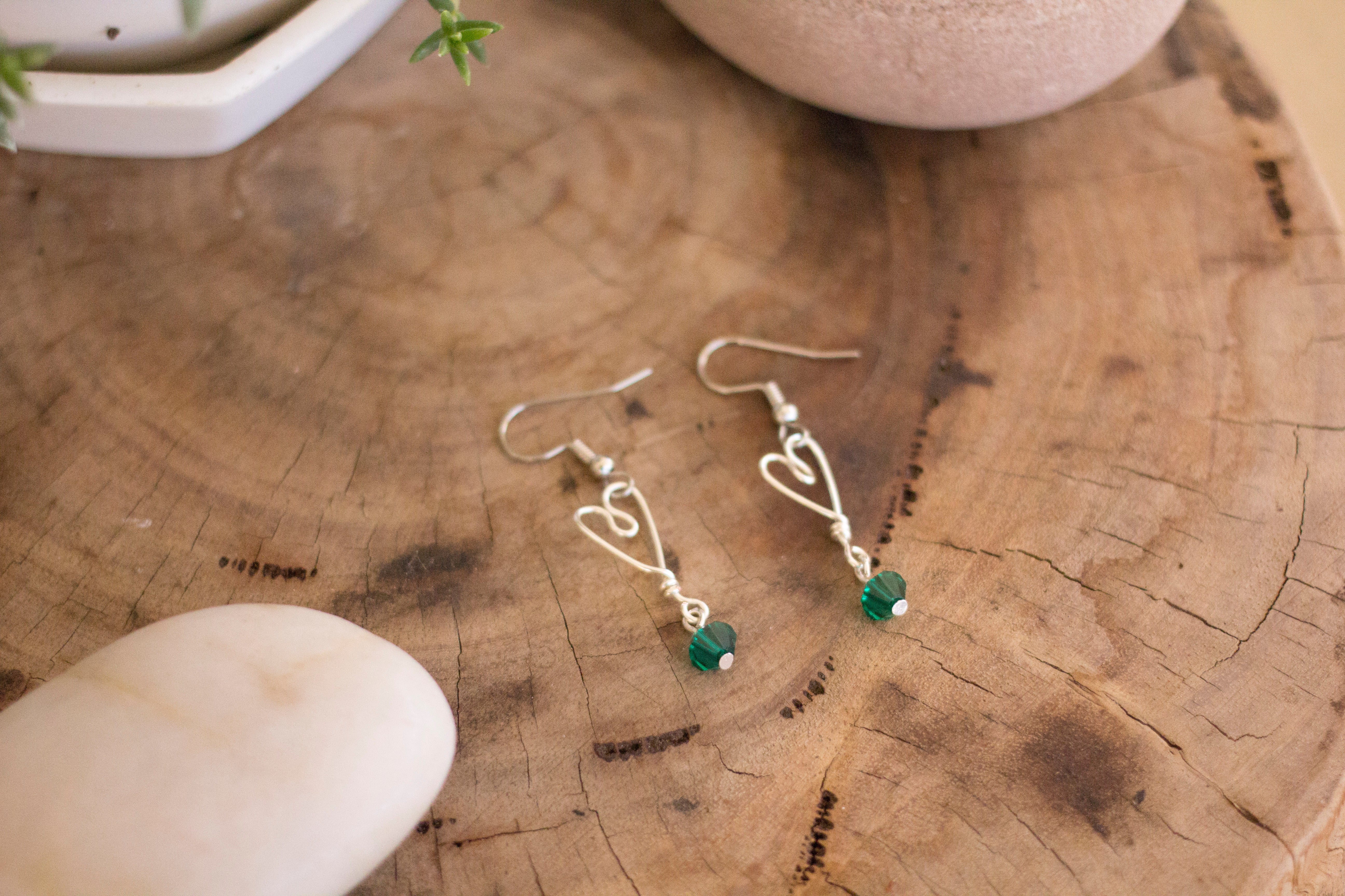 Silver Heart Earrings with Dark Green Glass Crystals