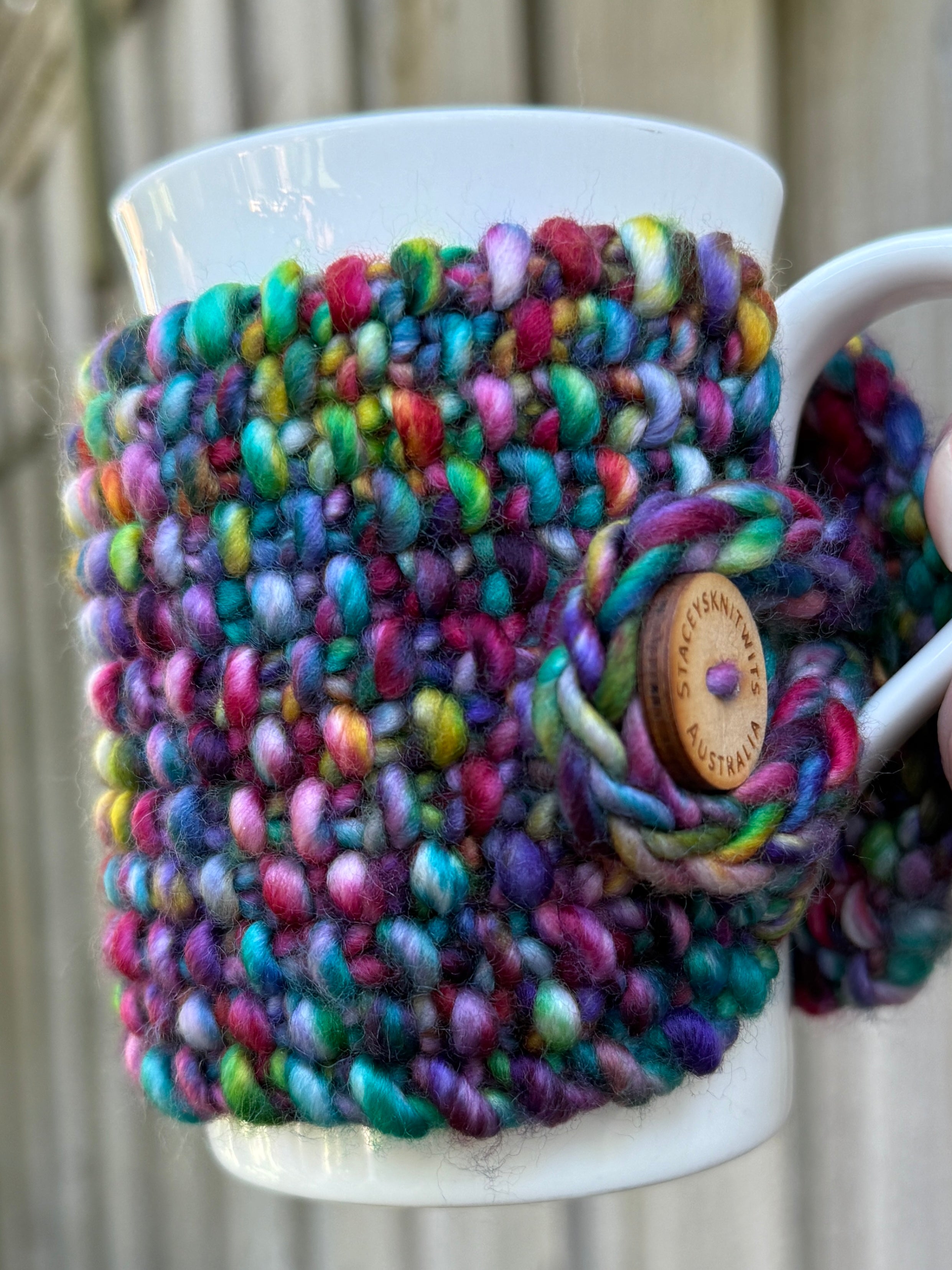 Hand Knitted Rainbow Coffee Cup Cozy, Merino Cup Cosy
