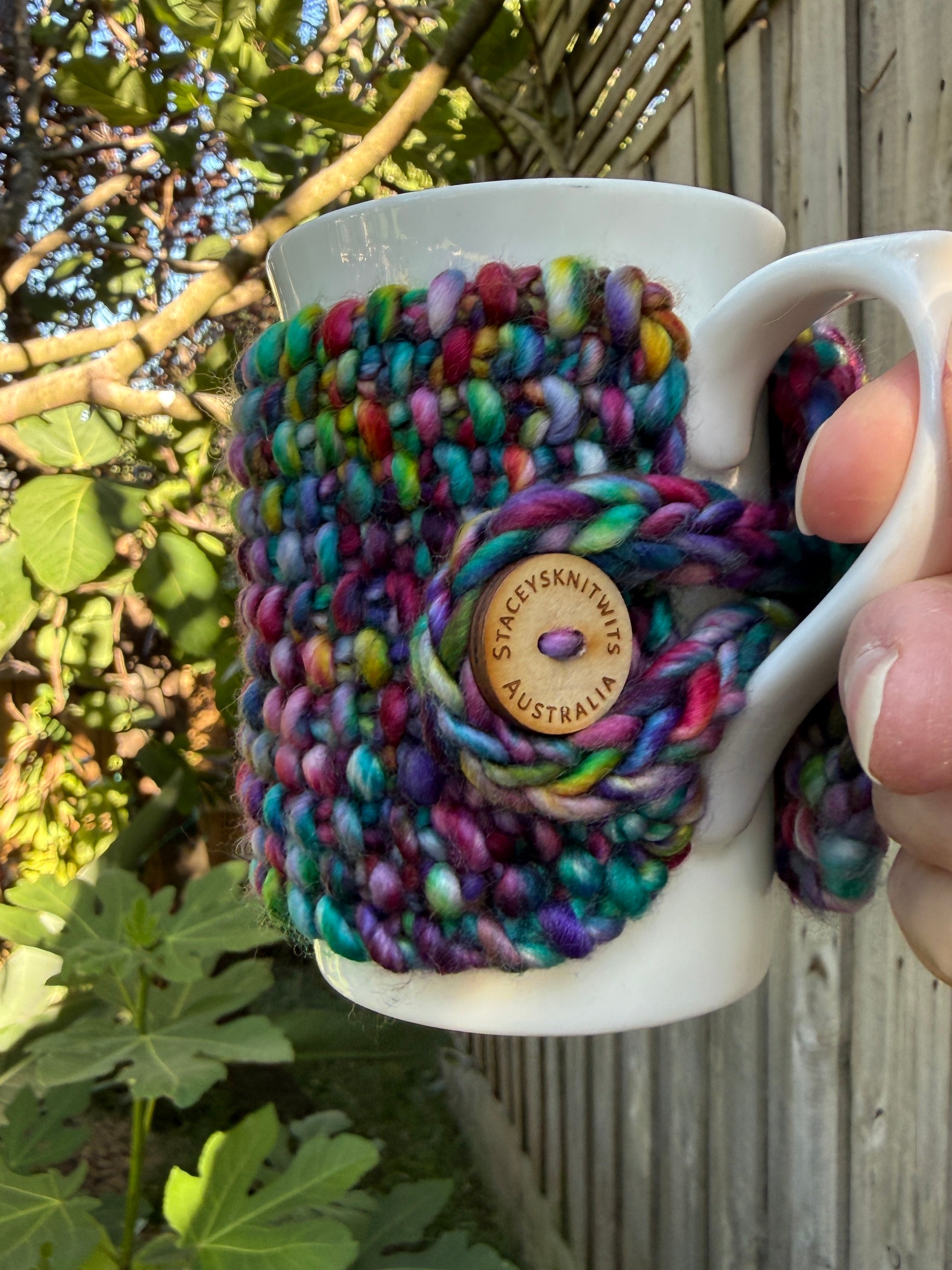 Hand Knitted Rainbow Coffee Cup Cozy, Merino Cup Cosy