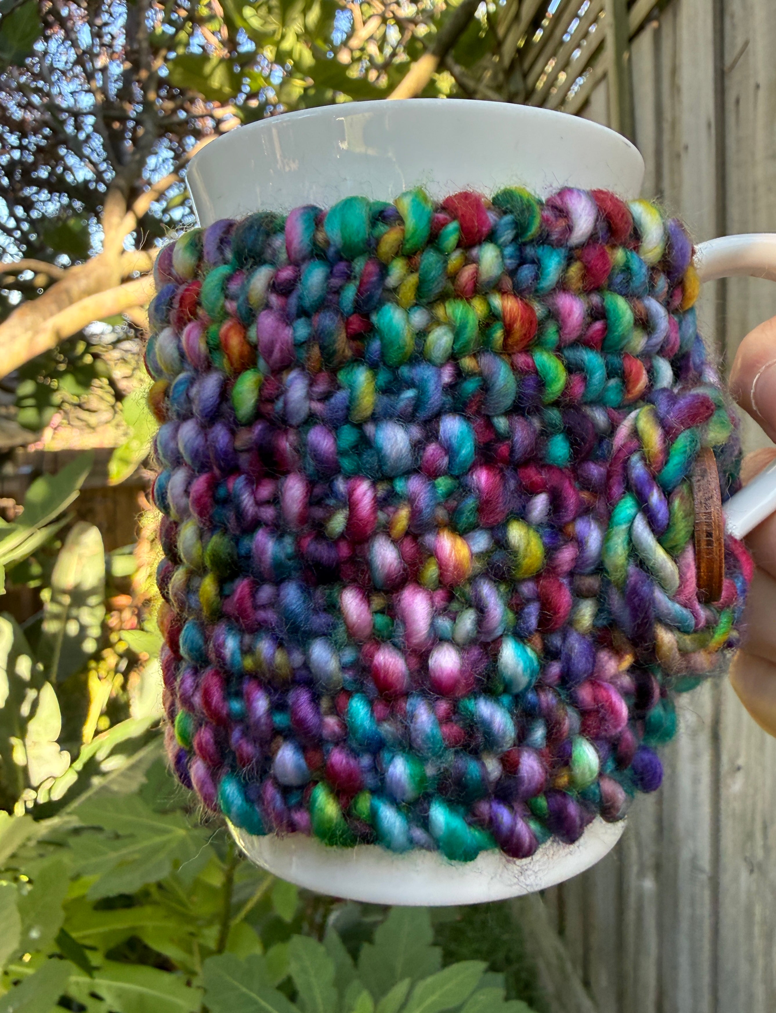 Hand Knitted Rainbow Coffee Cup Cozy, Merino Cup Cosy