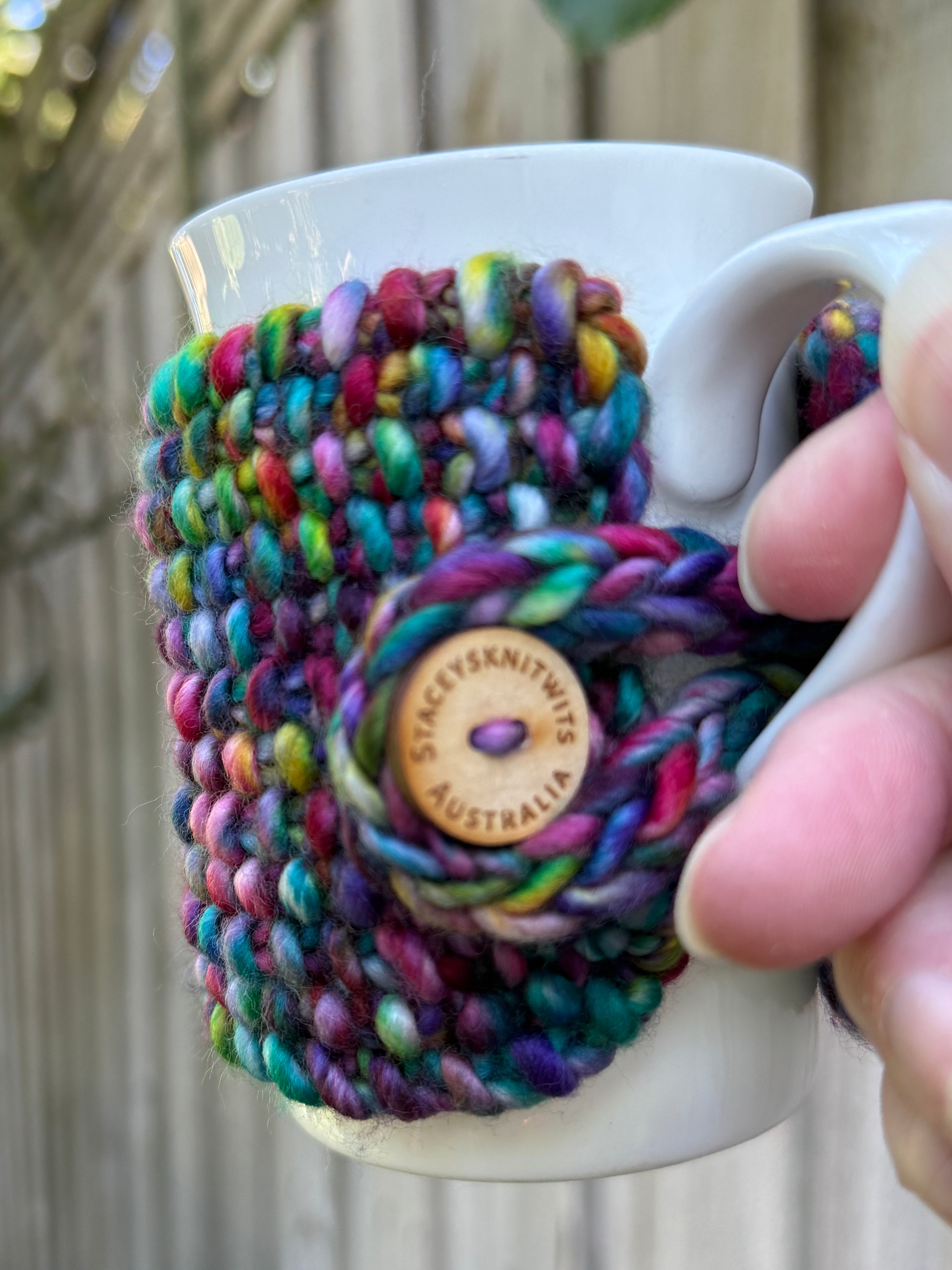 Hand Knitted Rainbow Coffee Cup Cozy, Merino Cup Cosy