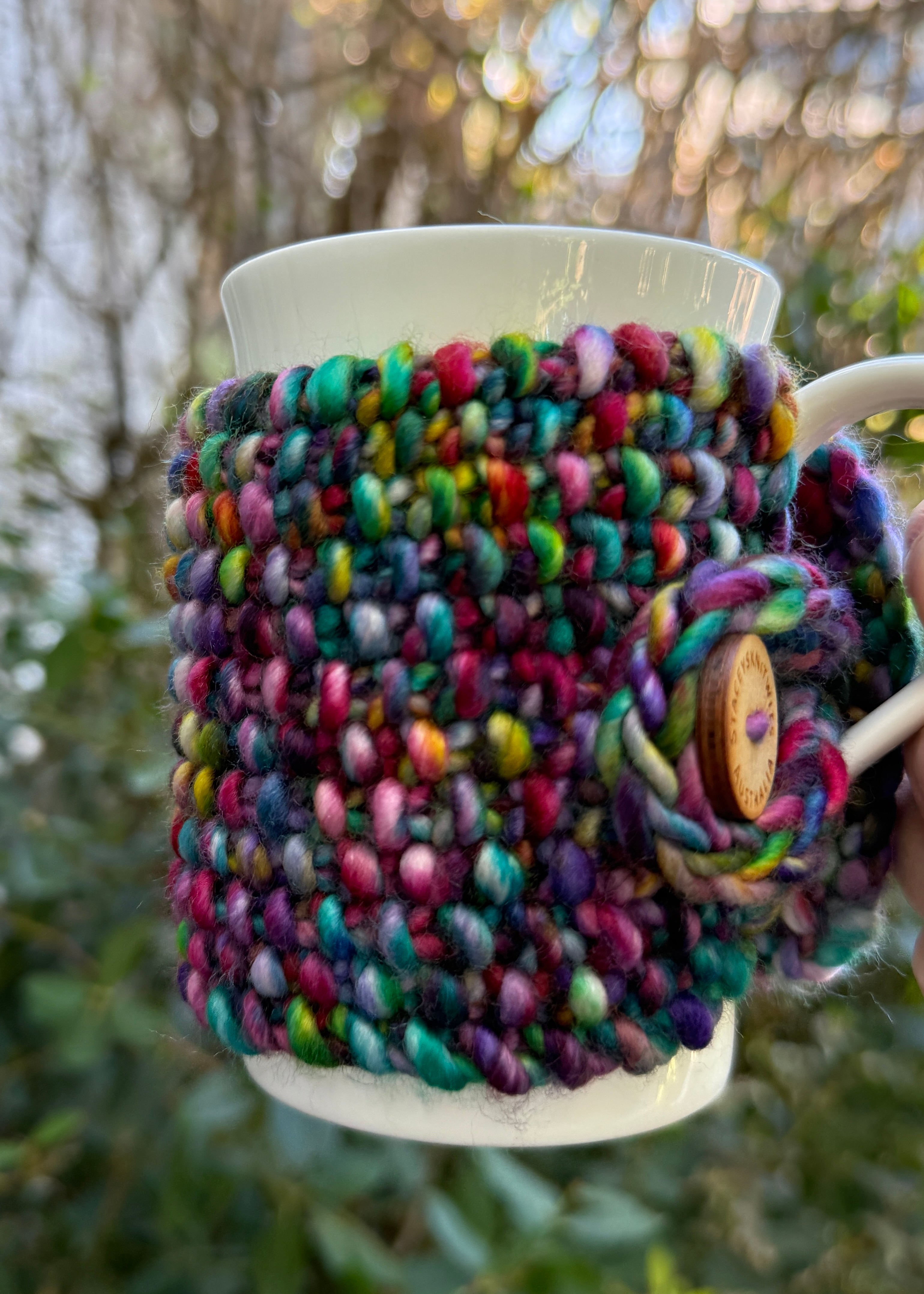 Hand Knitted Rainbow Coffee Cup Cozy, Merino Cup Cosy
