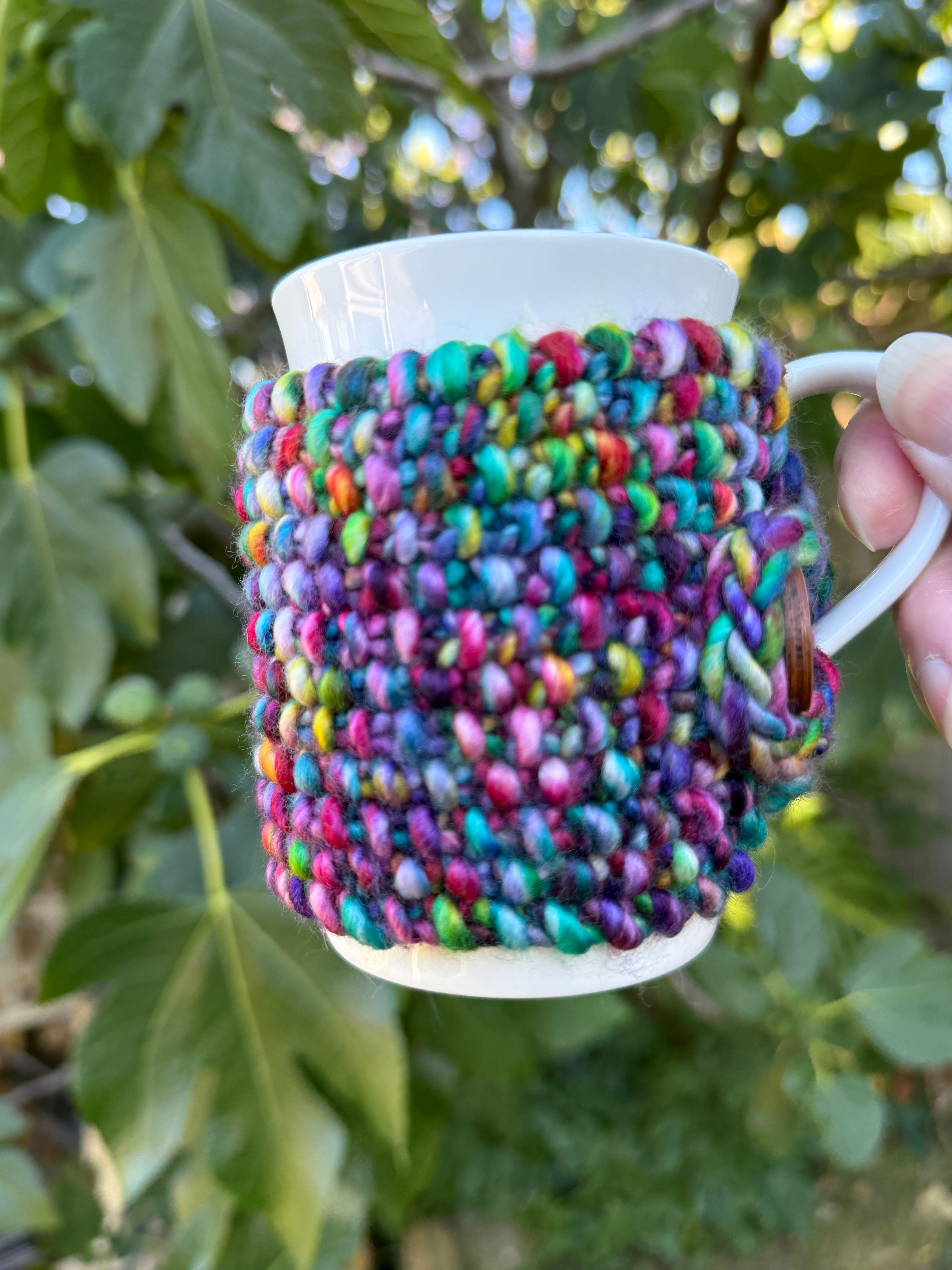 Hand Knitted Rainbow Coffee Cup Cozy, Merino Cup Cosy