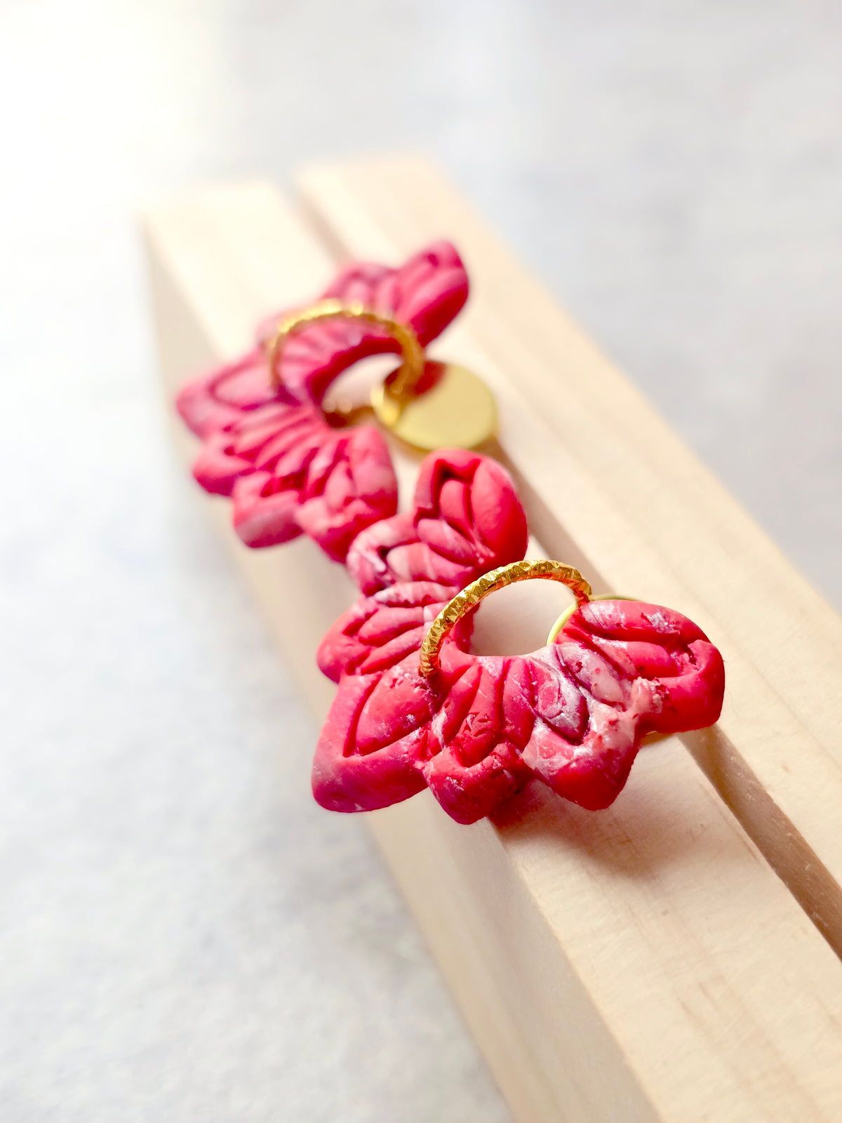 Red Marbled Floral 9k Gold Plated Earrings