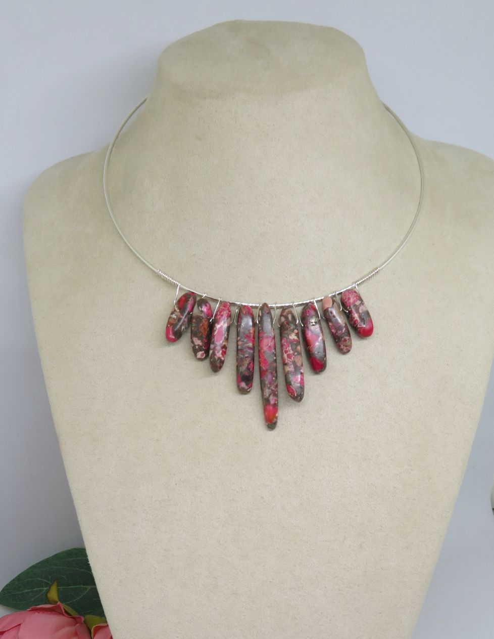 Bohemian Red Green Earth Tones Wire Wrapped Silver Choker Necklace
