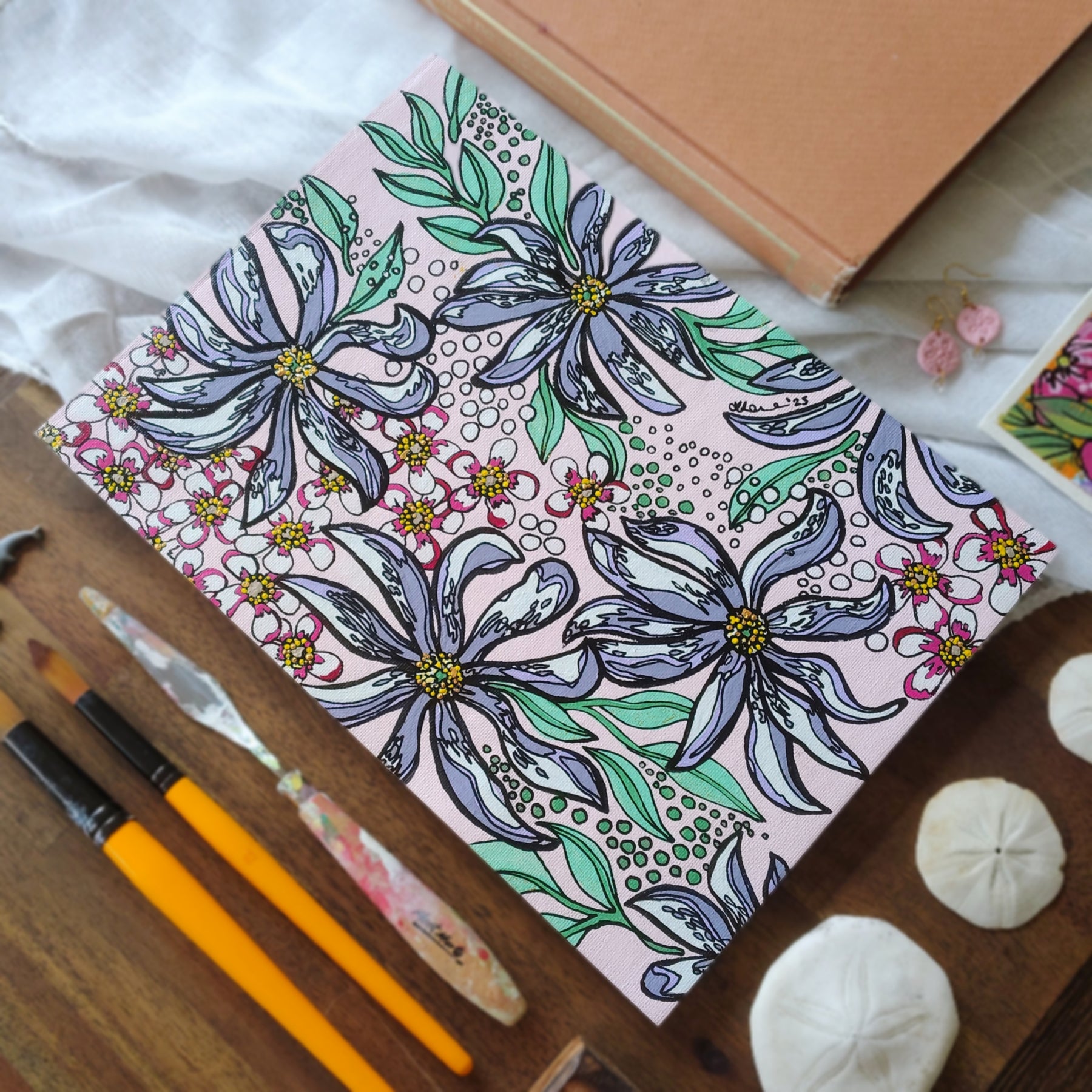 A4 ORIGINAL ARTWORK - "Magnolia Stellata and Pink Manuka" - Abstract Art