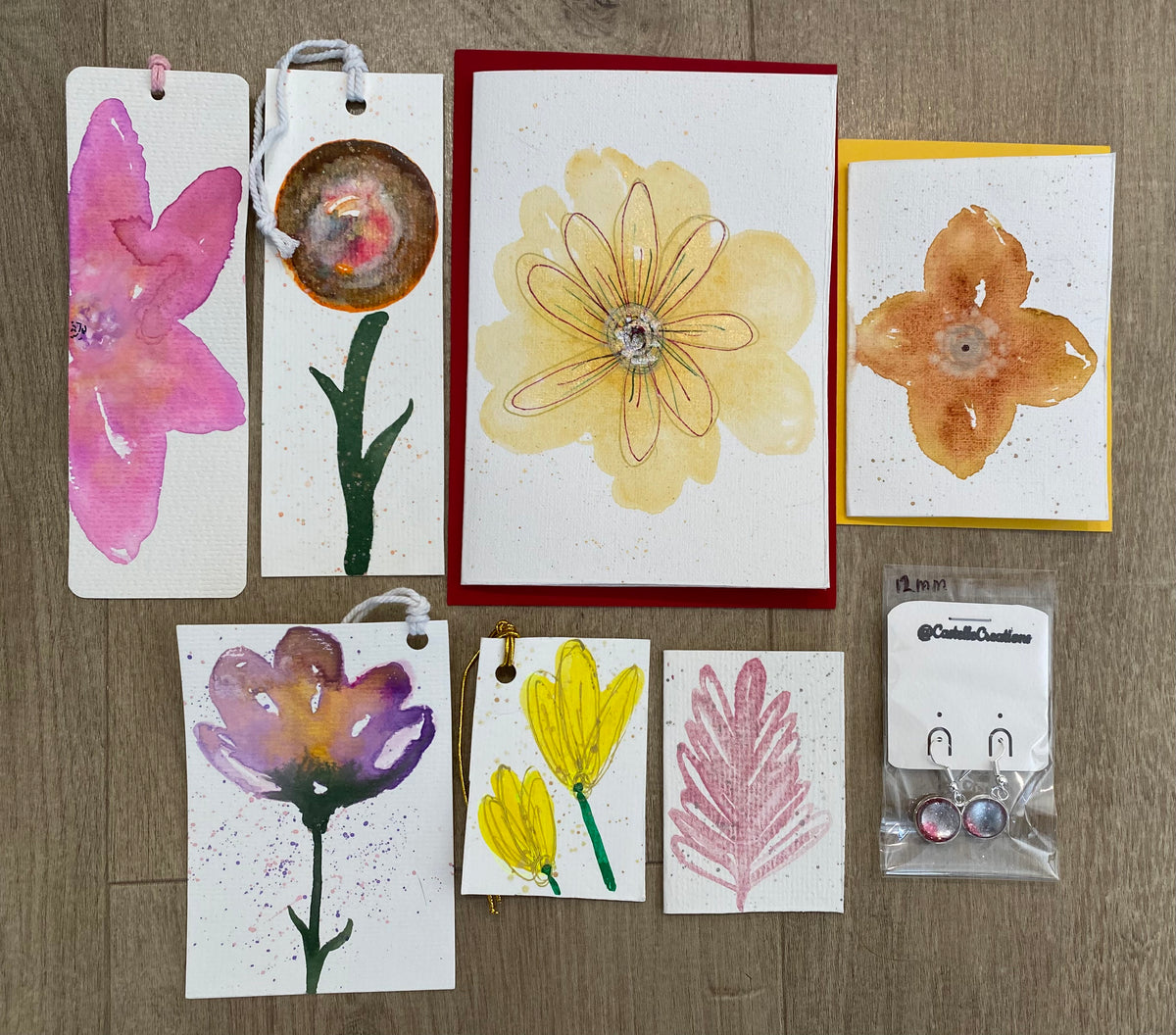 All Occasion Gift Bag – 6 Hand Painted Cards & Bookmarks plus a Pair of Earrings!
