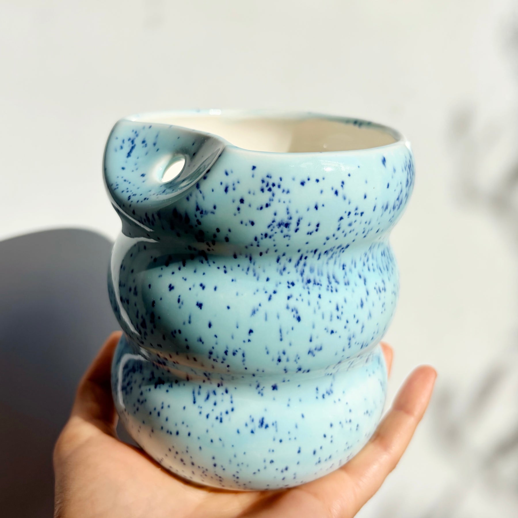 Handcrafted Porcelain Tumbler with Silicon Straw, 600mL Bubble Cup in Blue Mist Glaze