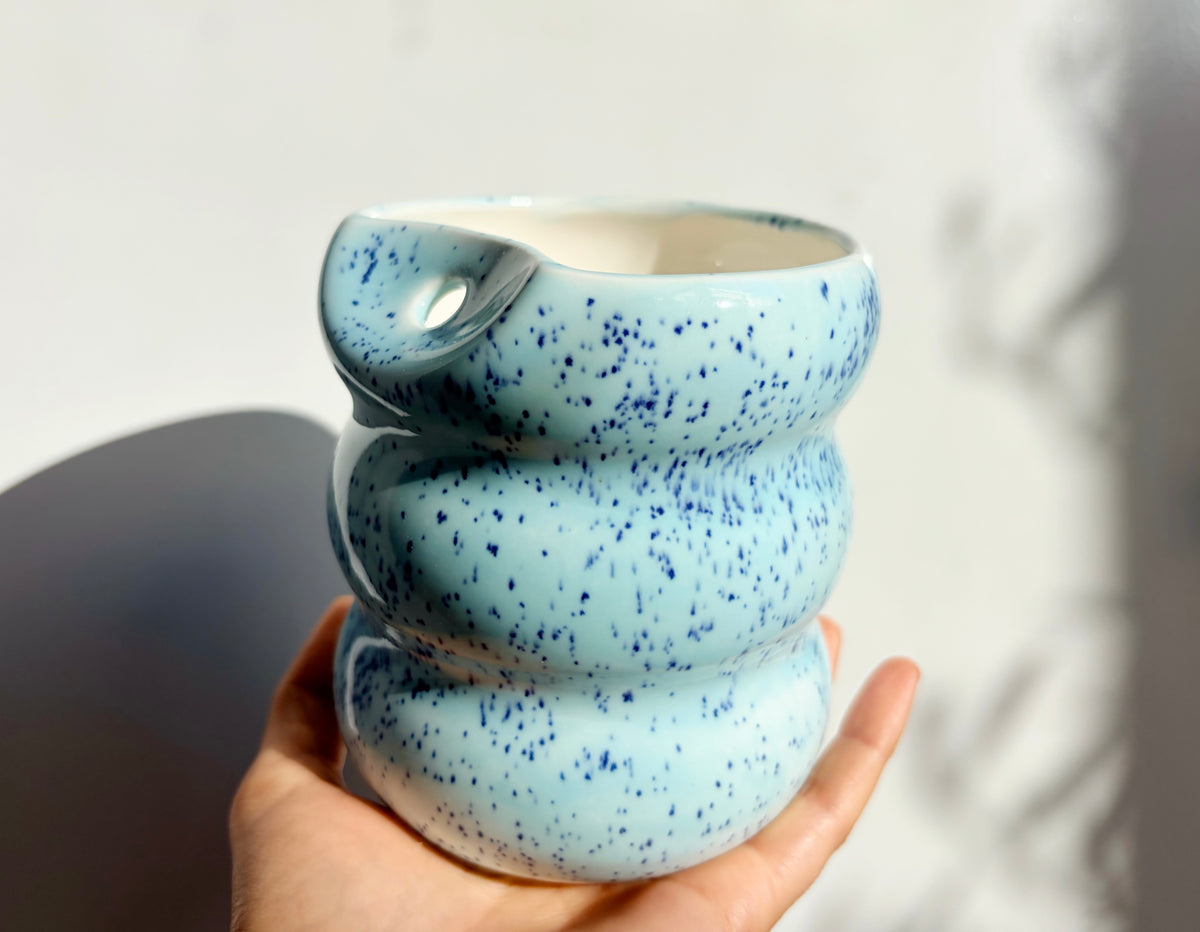 Handcrafted Porcelain Tumbler with Silicon Straw, 600mL Bubble Cup in Blue Mist Glaze