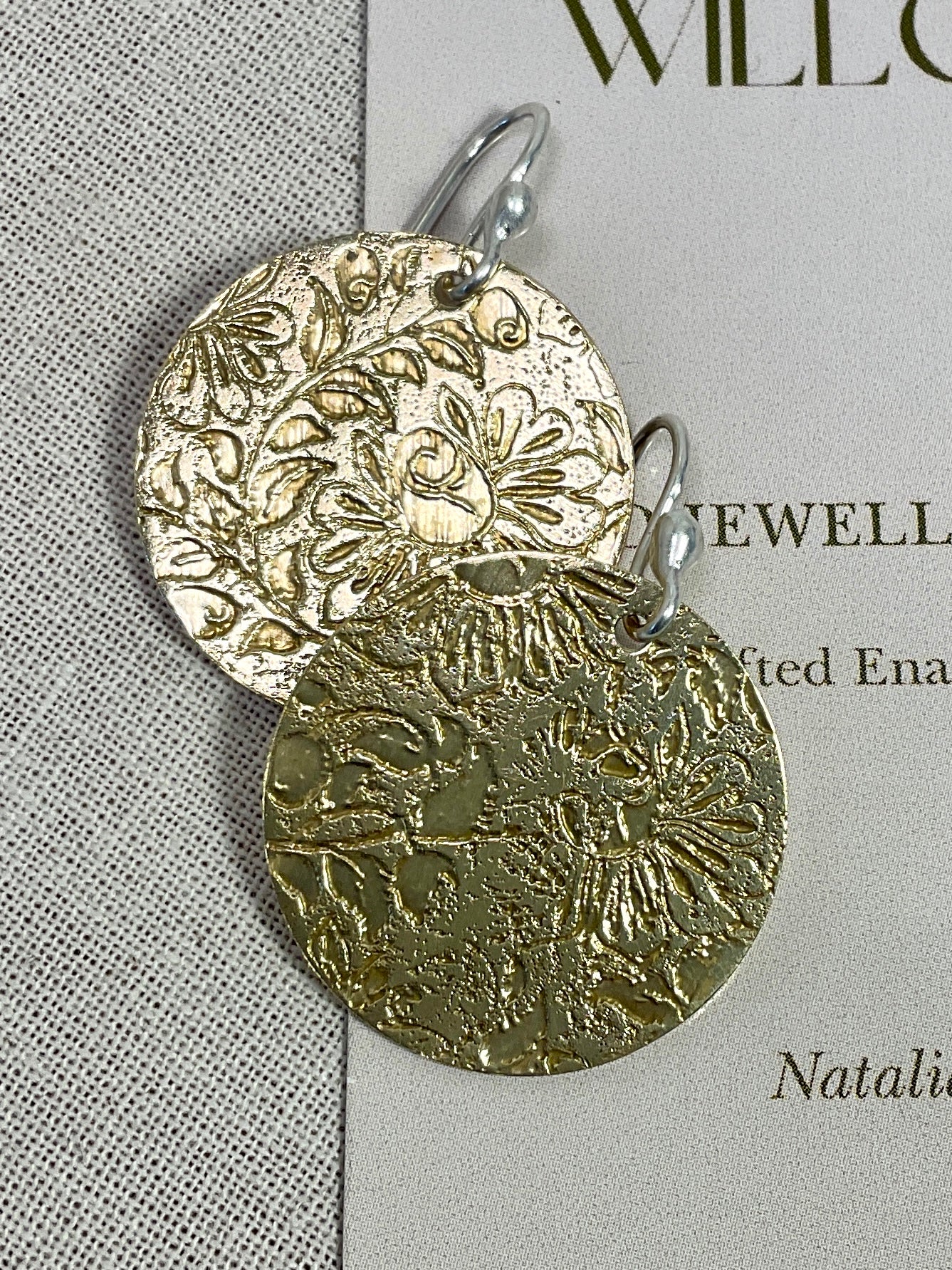 Brass disc earrings Embossed Handmade