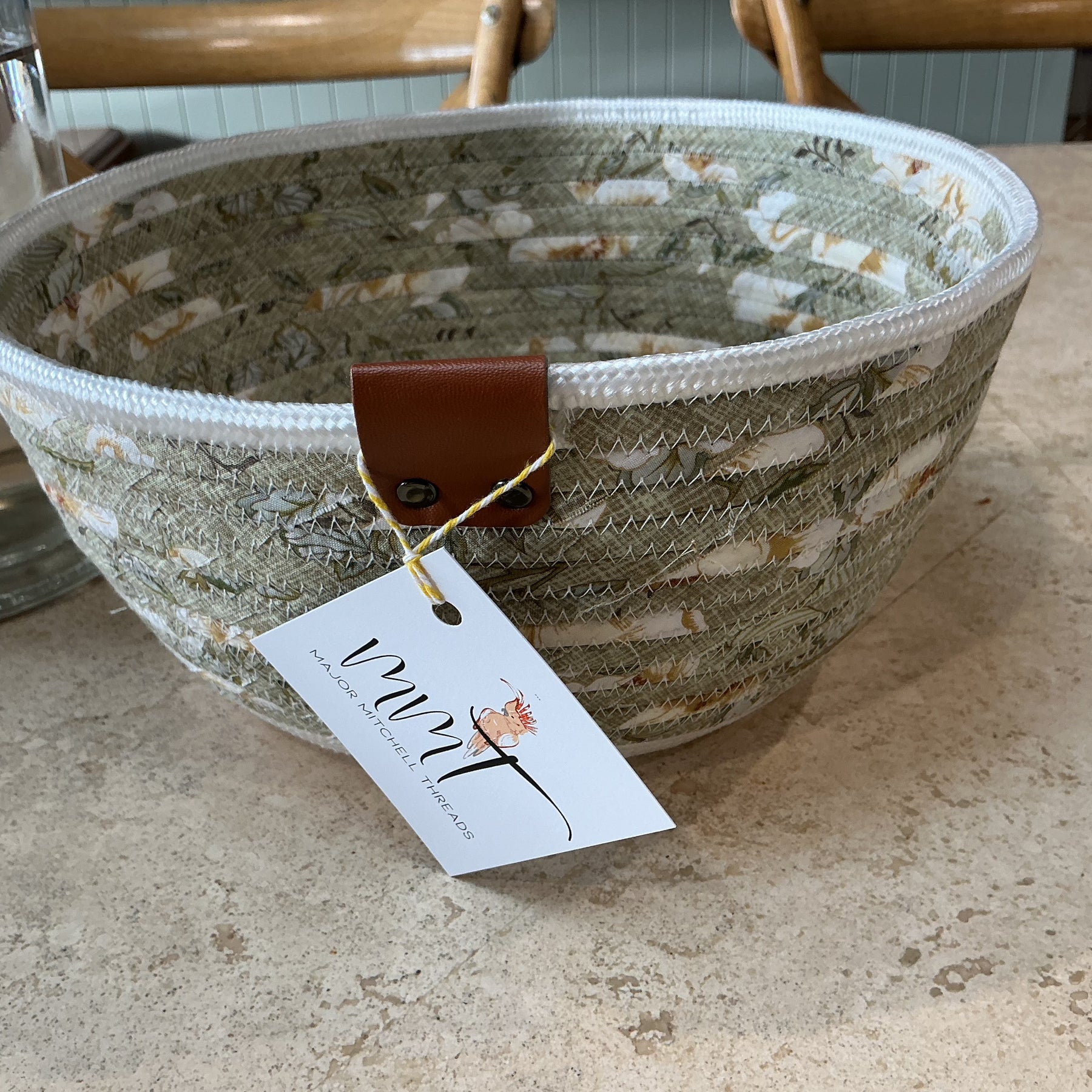 Handmade basket, sage green and white