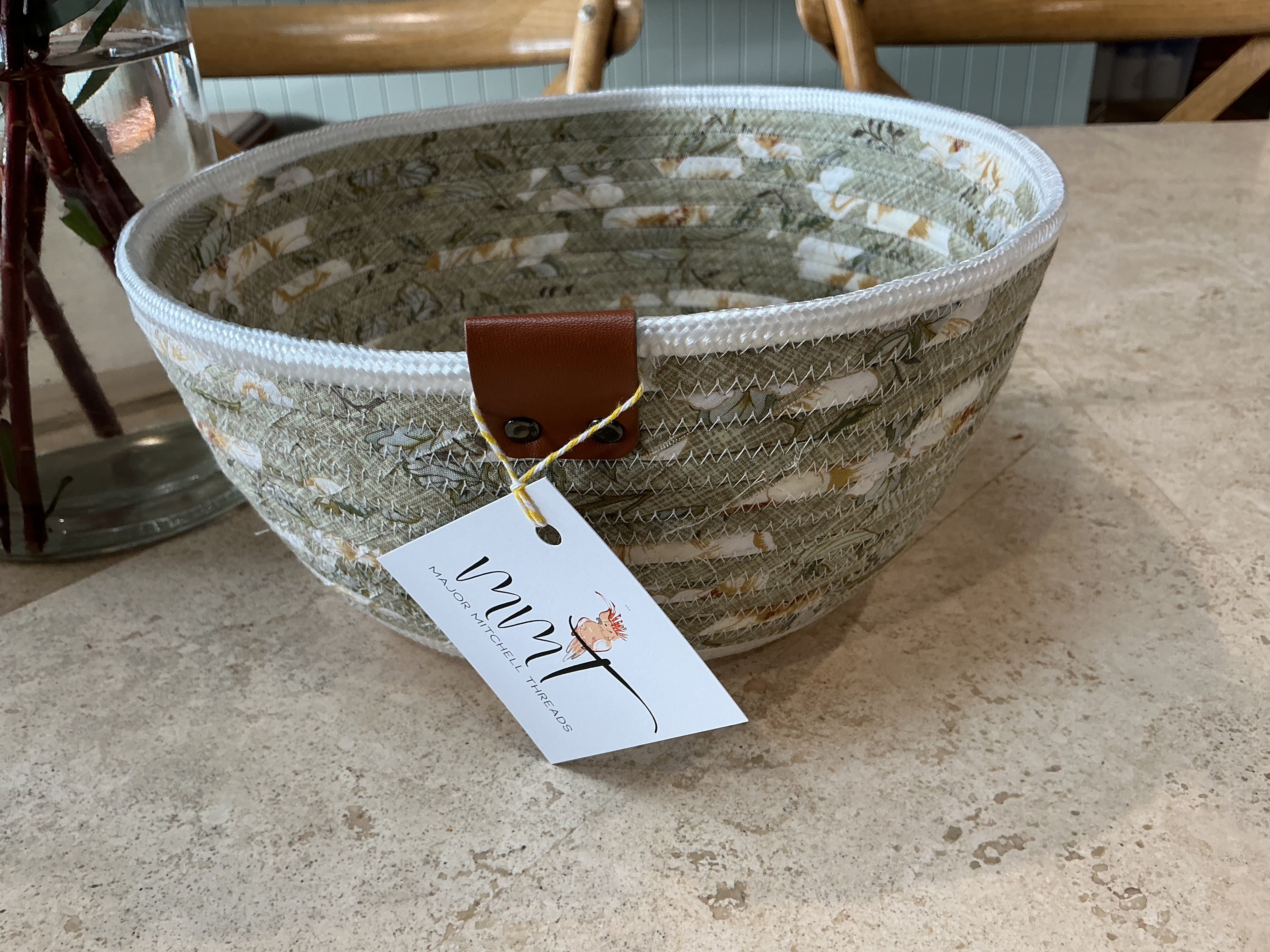 Handmade basket, sage green and white