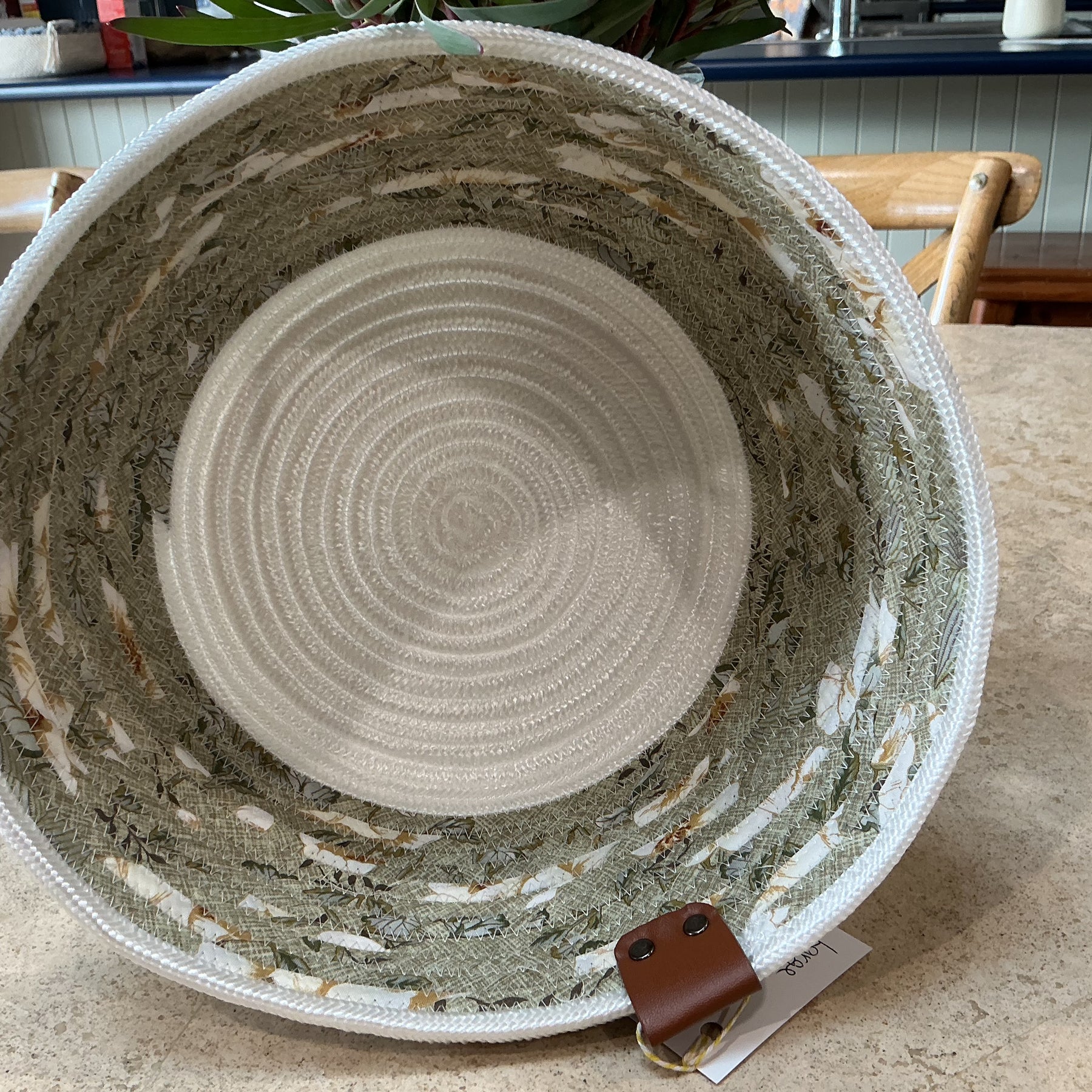 Handmade basket, sage green and white