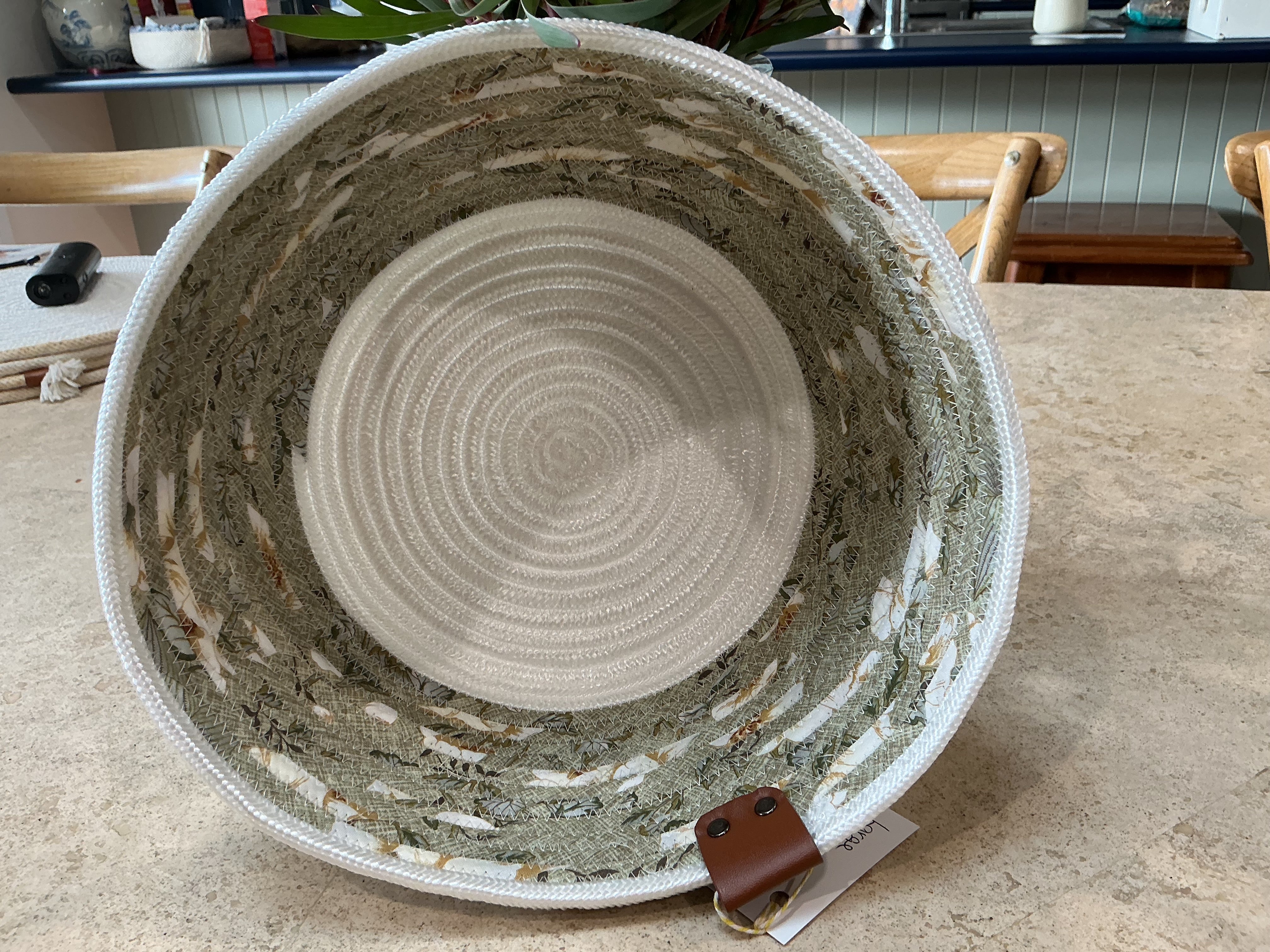 Handmade basket, sage green and white