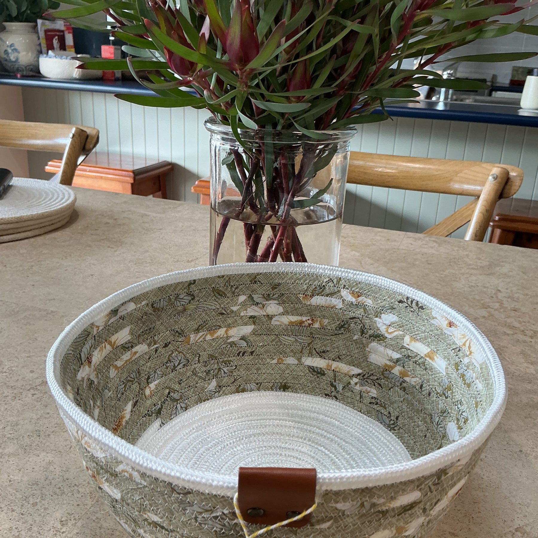 Handmade basket, sage green and white