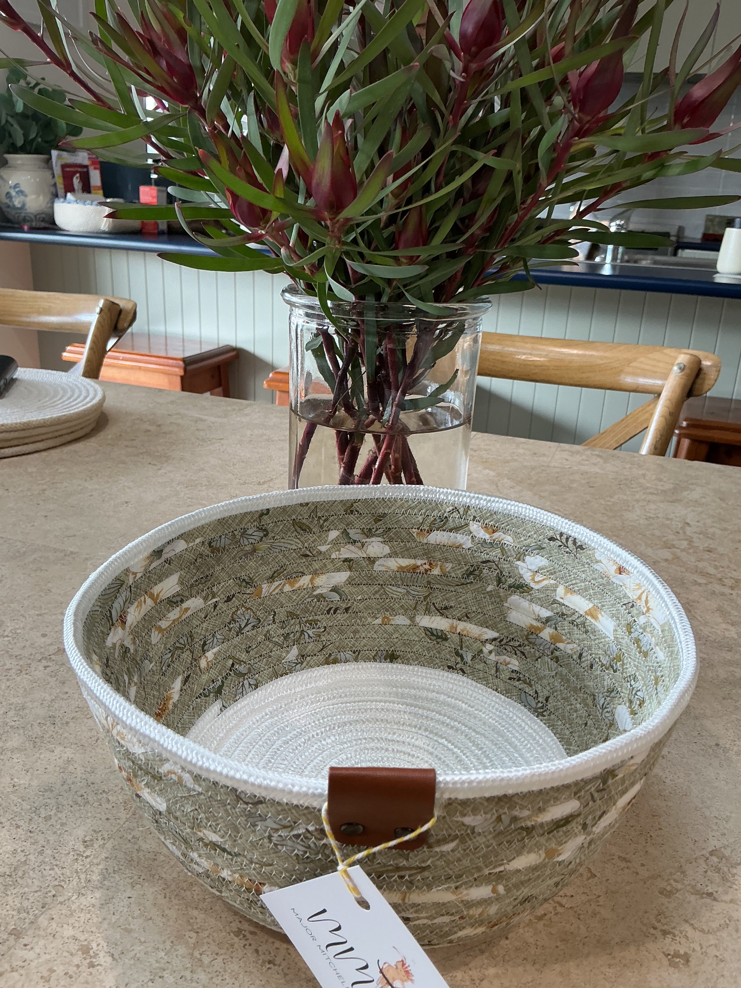 Handmade basket, sage green and white