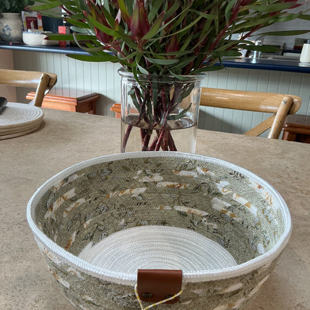 Handmade basket, sage green and white