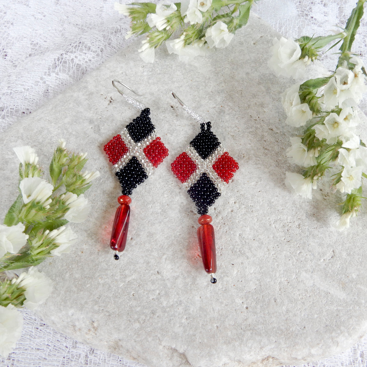 Beaded Earrings in Red & Black