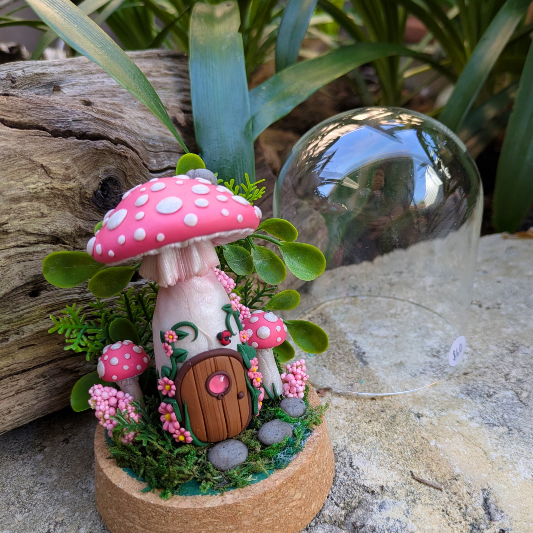 Pink Fairy Mushroom Houses in glass domes