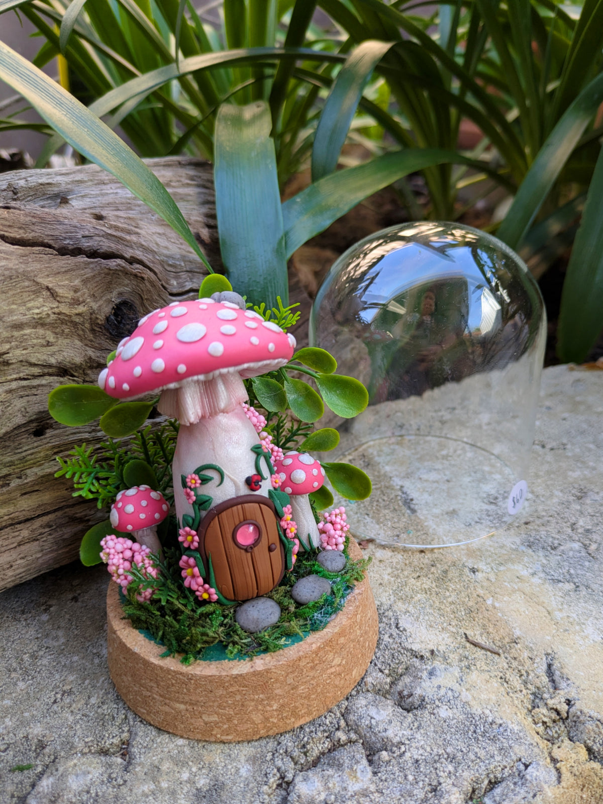 Pink Fairy Mushroom Houses in glass domes