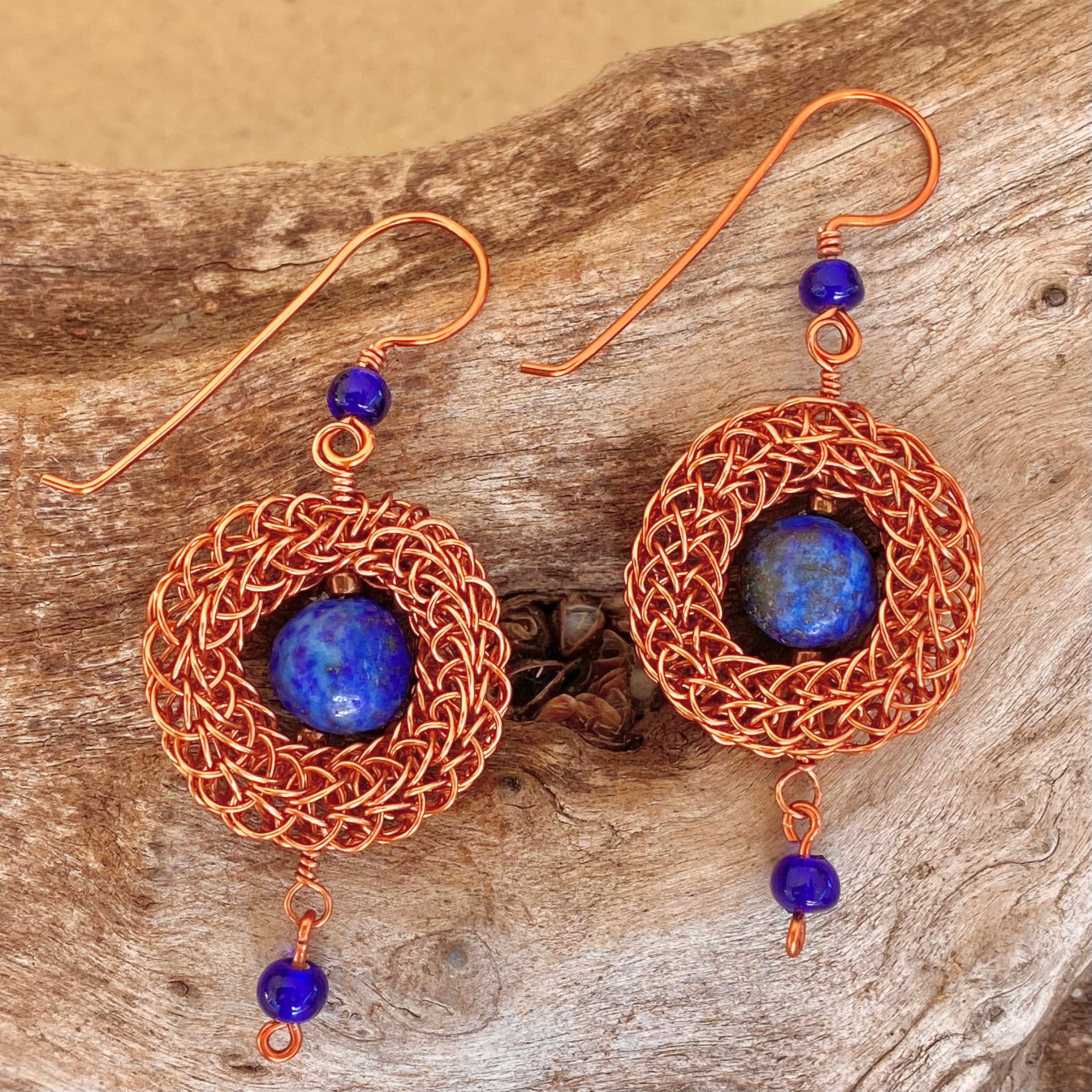 Antique Copper Viking Wire Knit Earrings with Lapis Lazuli Stones