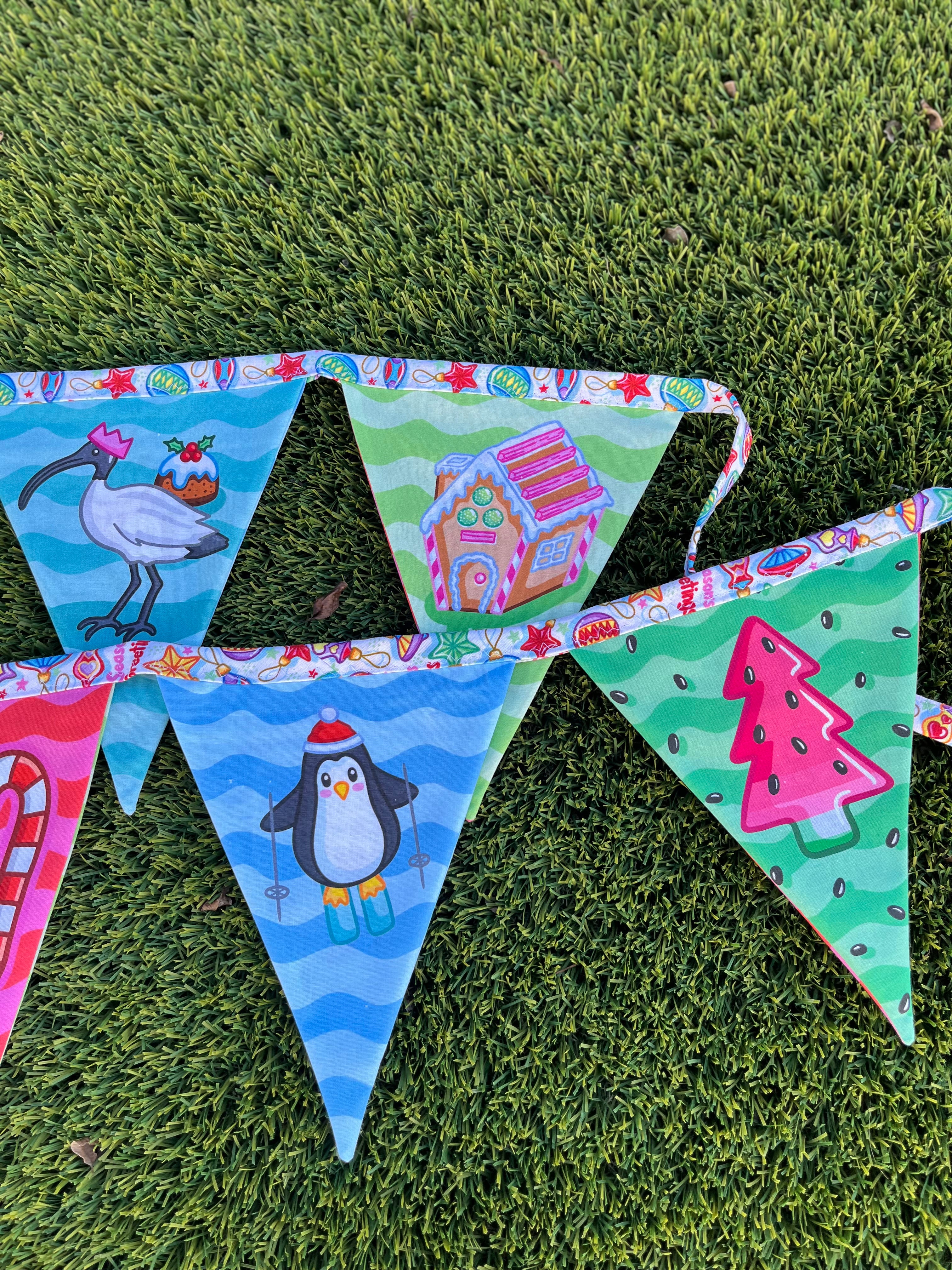 Christmas Bunting – 3m | Double-Sided | Featuring the Iconic QLD Bin Chicken