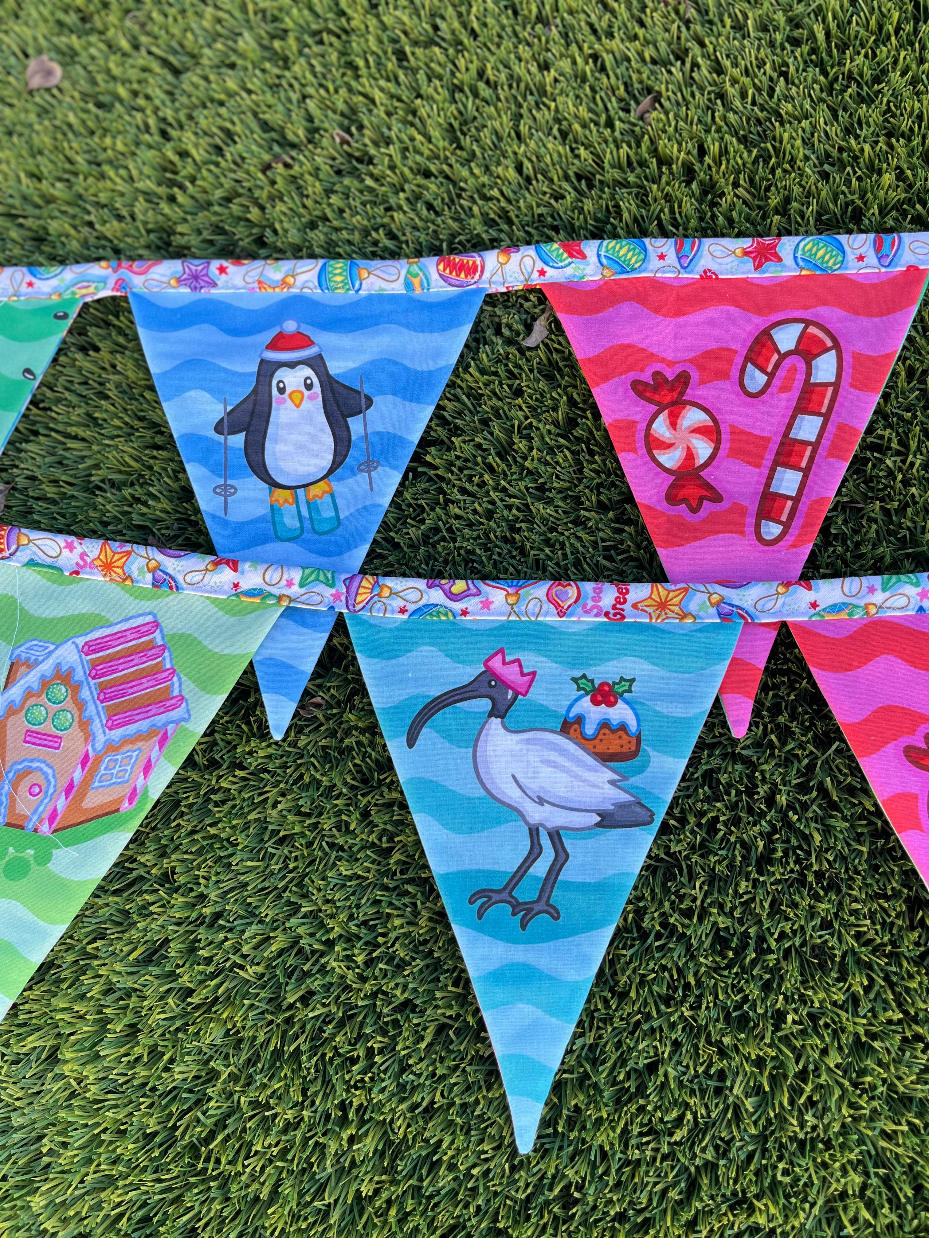 Christmas Bunting – 3m | Double-Sided | Featuring the Iconic QLD Bin Chicken