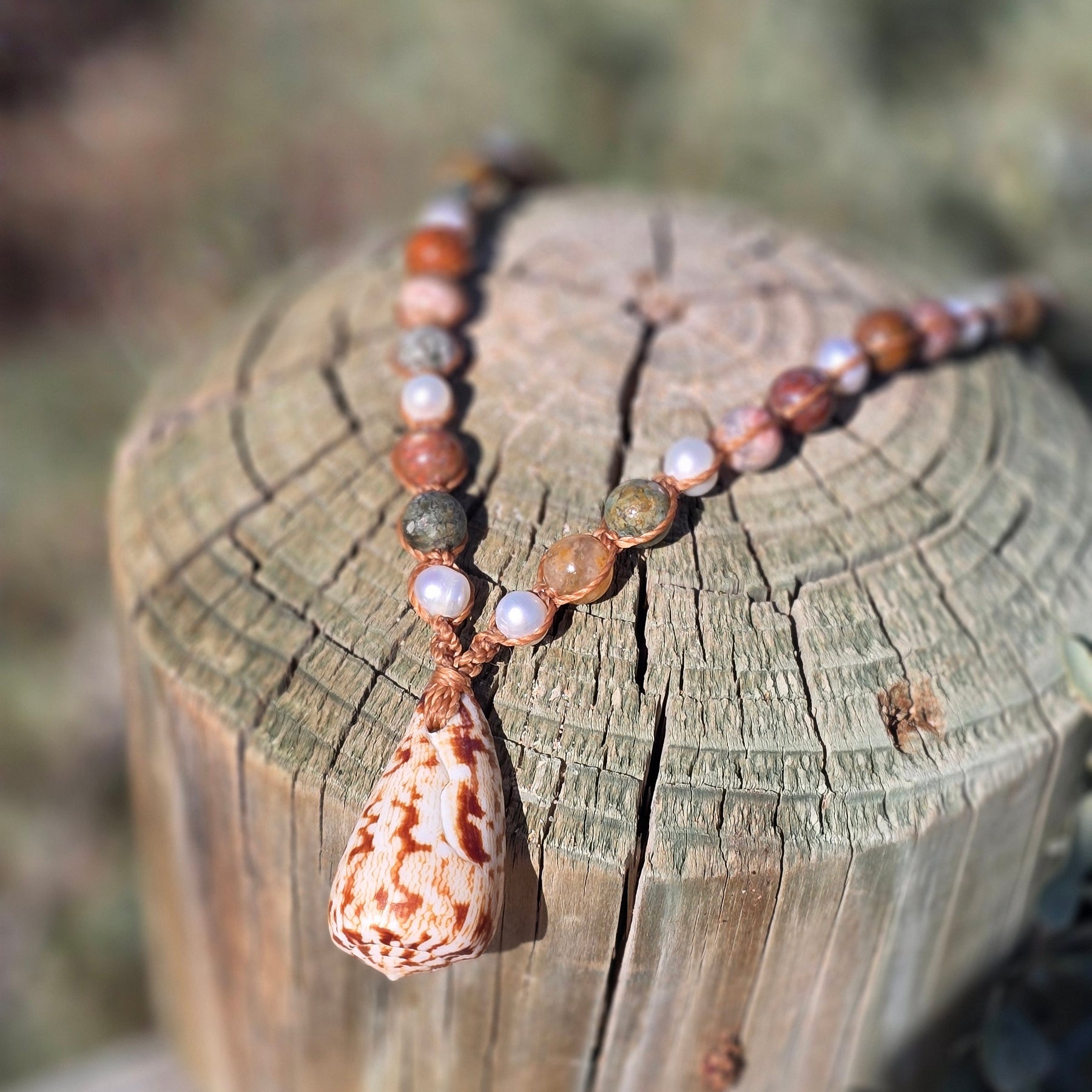 Cone Shell with Rare Ocean Agate & Pearl Necklace