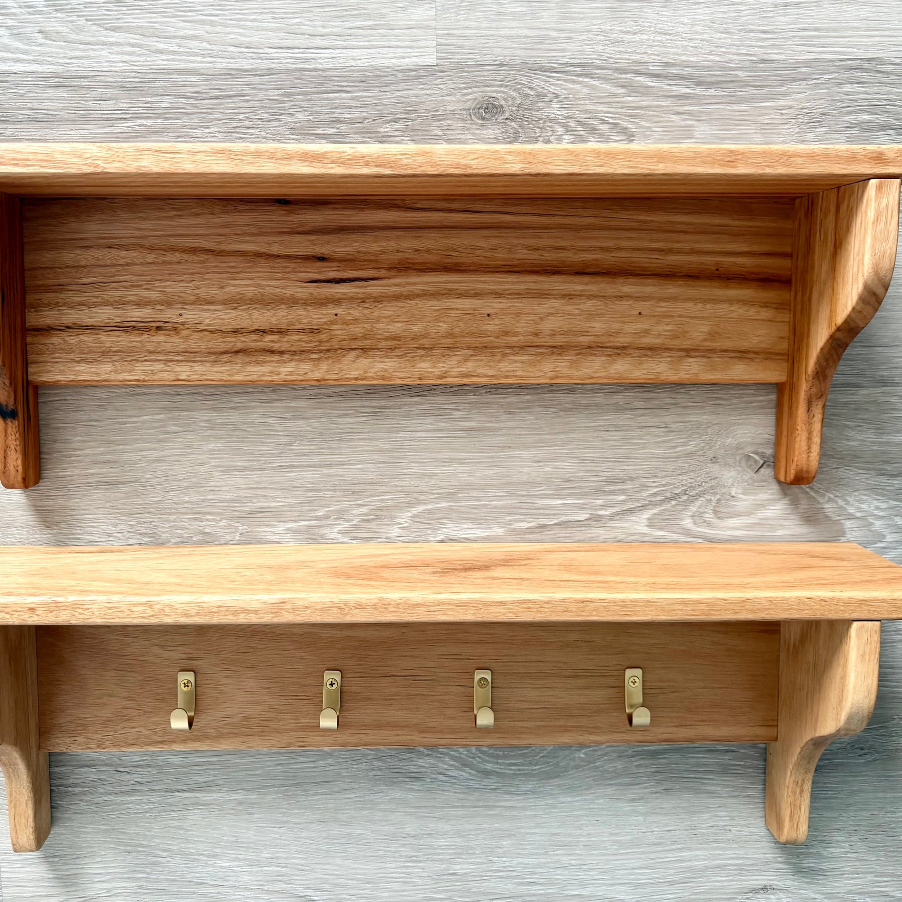 Blackbutt wall shelf with gold hooks
