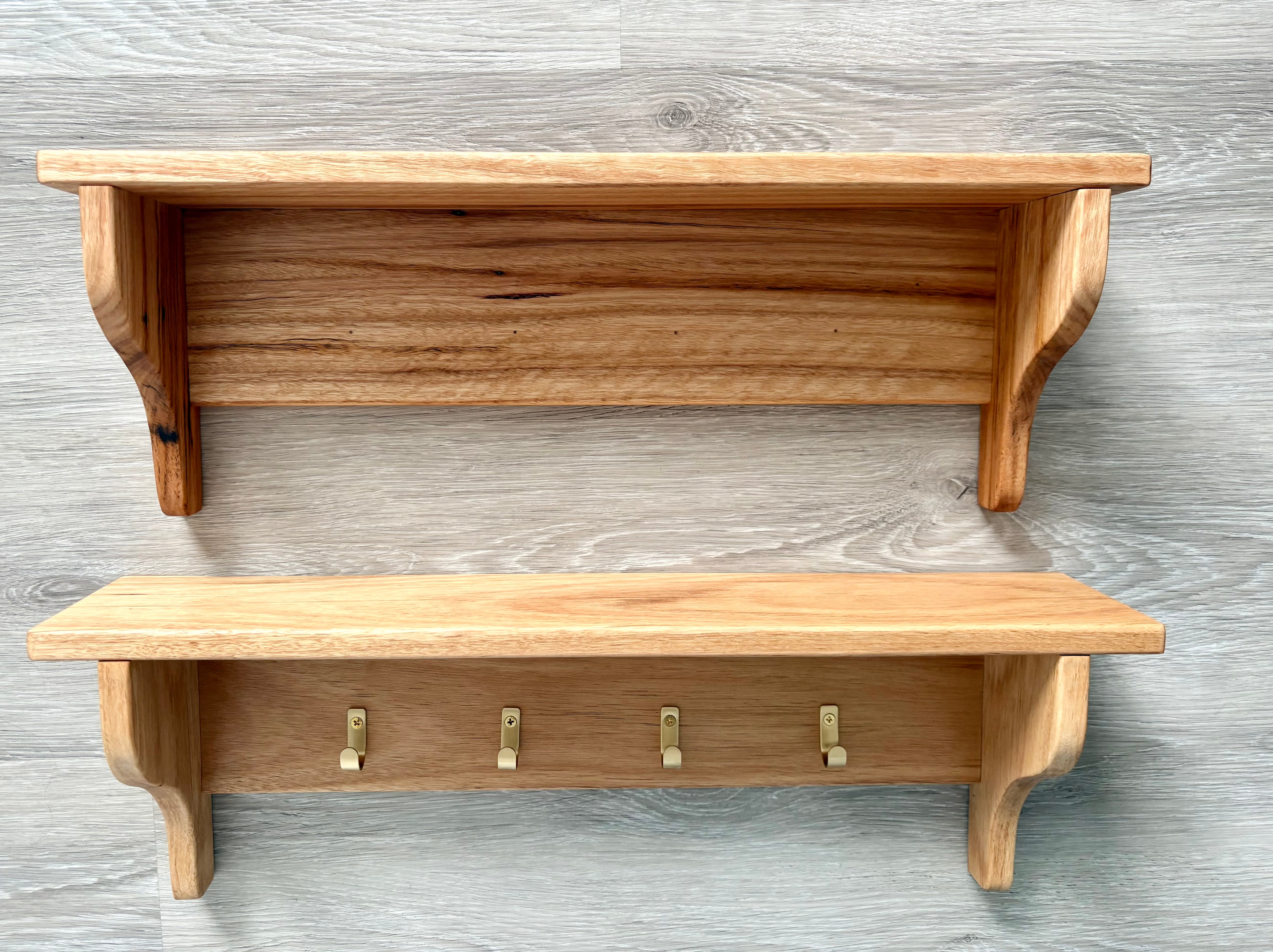 Blackbutt wall shelf with gold hooks