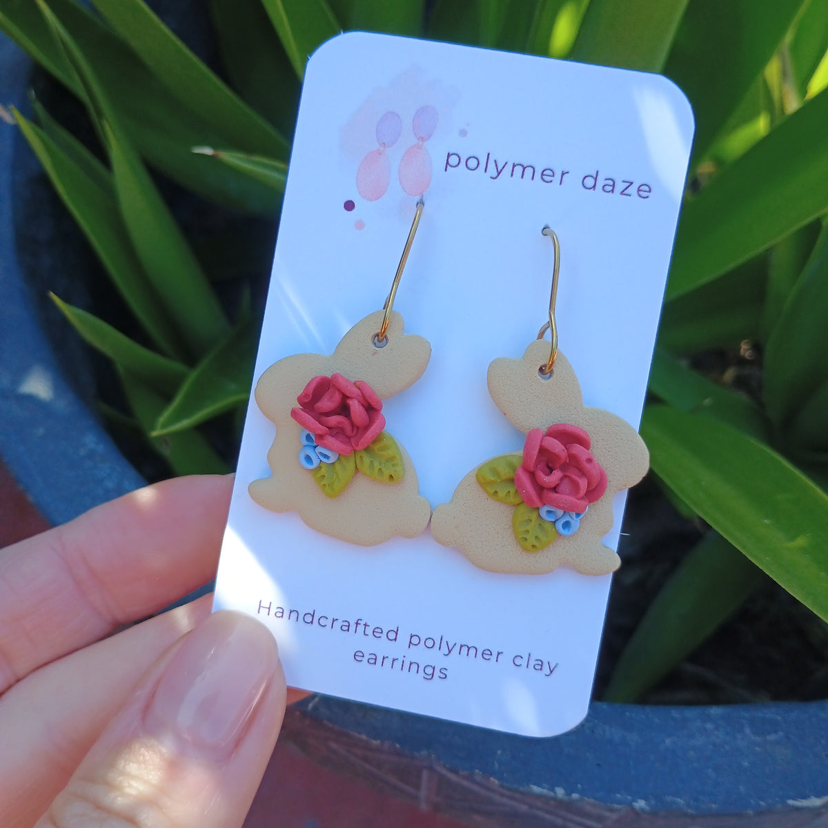 Rose flower rabbit dangle earrings