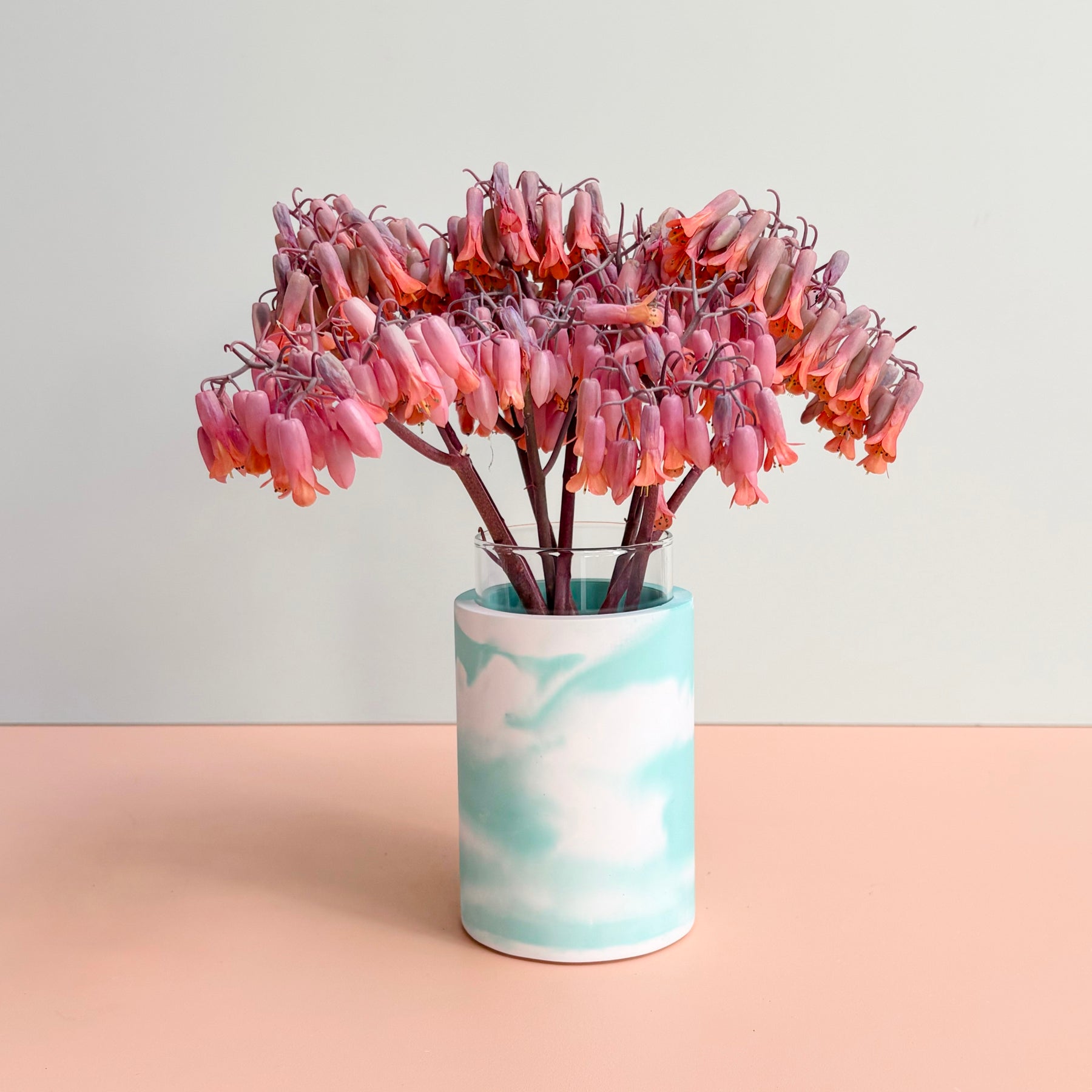 Swirling teal and white vase - made to order