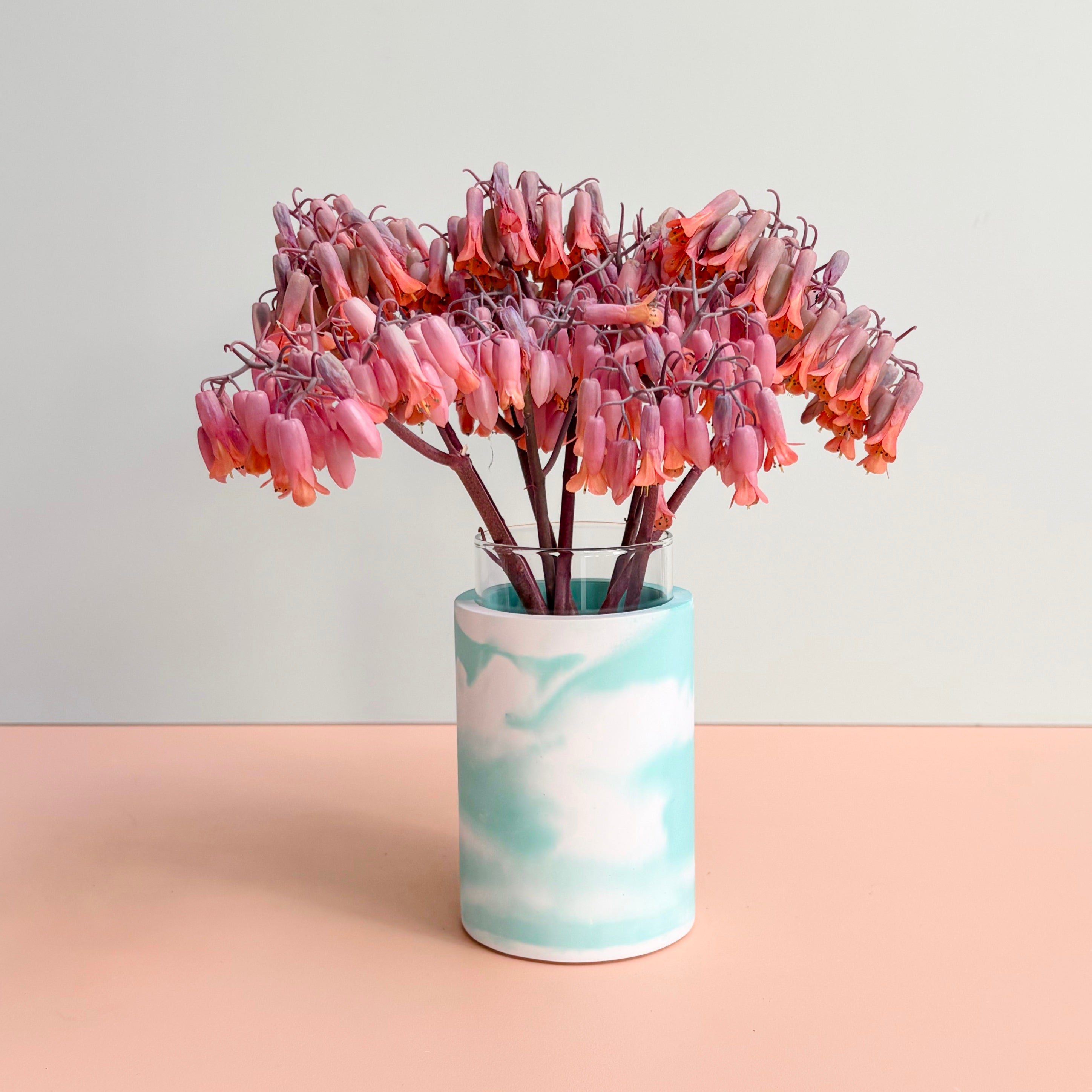 Swirling teal and white vase - made to order