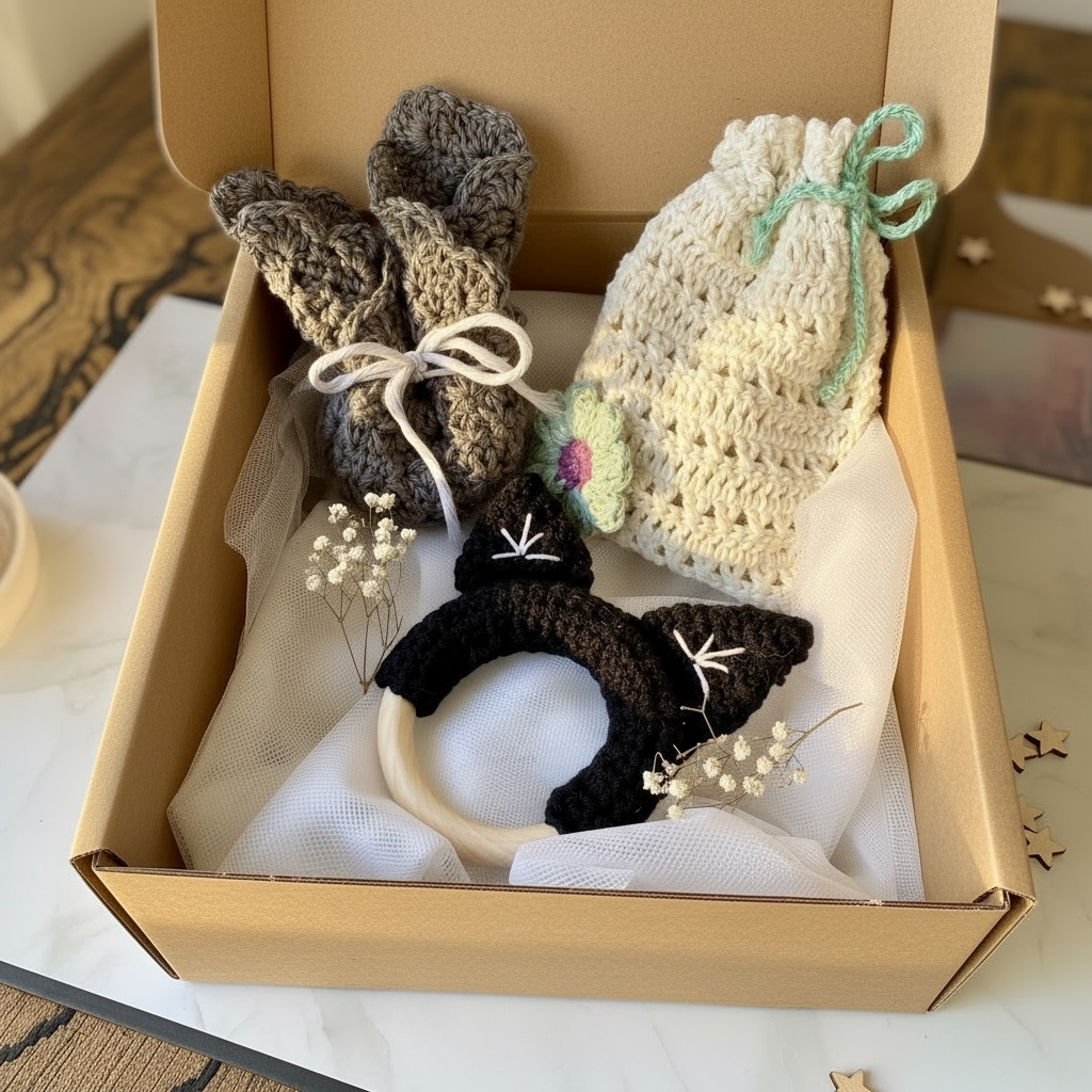 Baby Crochet Gift Box – Handmade Australian Baby Gift – Easter Baby Gift Set – Natural Teether & Lavender Sachet