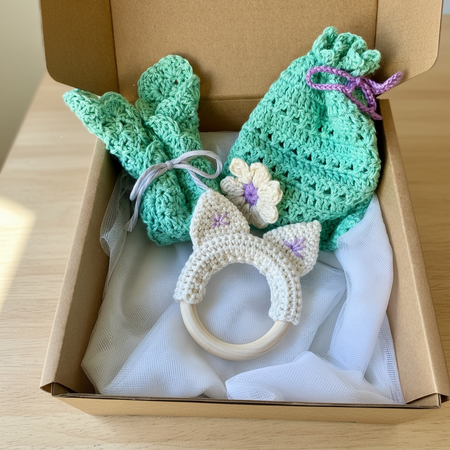 Baby Crochet Gift Box – Handmade Australian Baby Gift – Easter Baby Gift Set – Natural Teether & Lavender Sachet