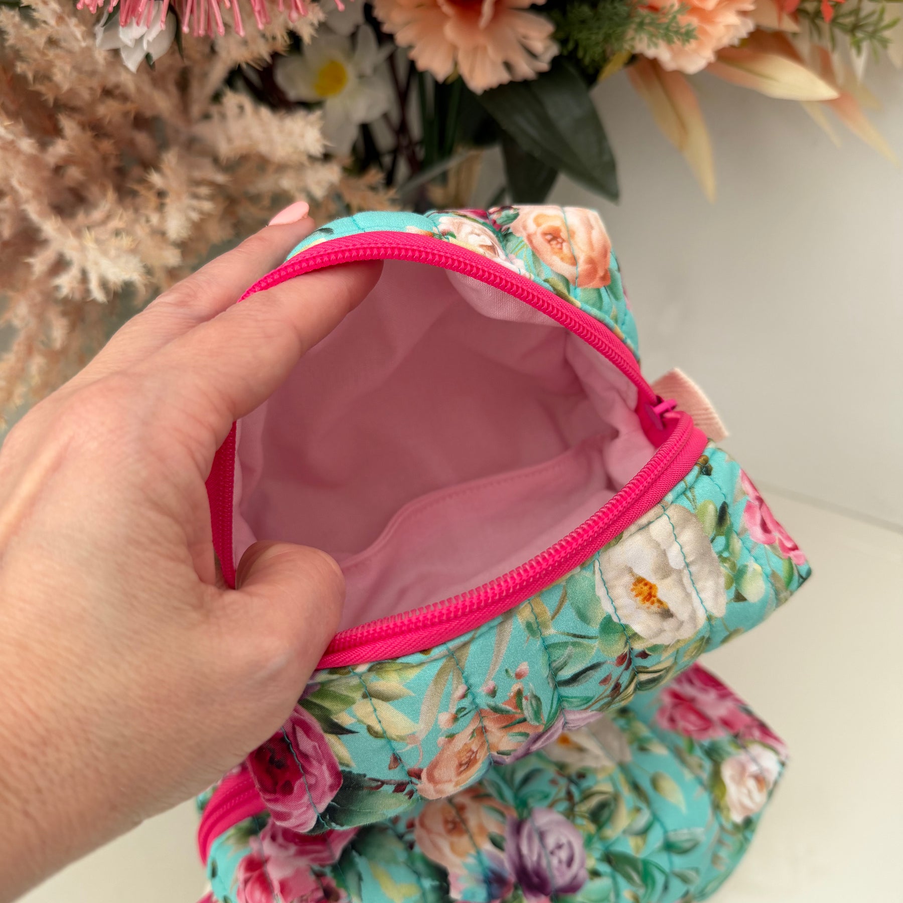 Set of 2 - Floral Boxy Zipper Pouch - Aqua Floral