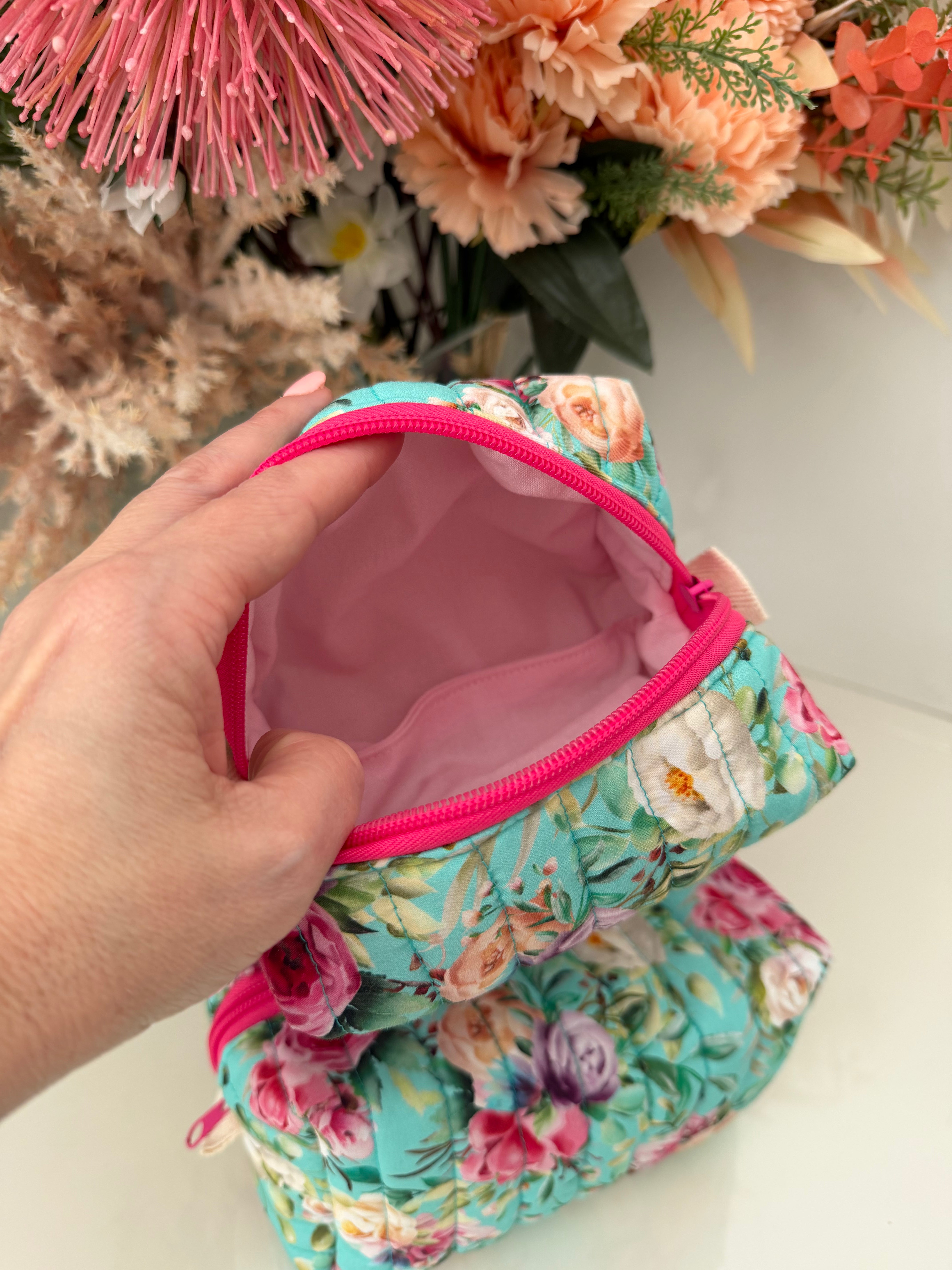 Set of 2 - Floral Boxy Zipper Pouch - Aqua Floral