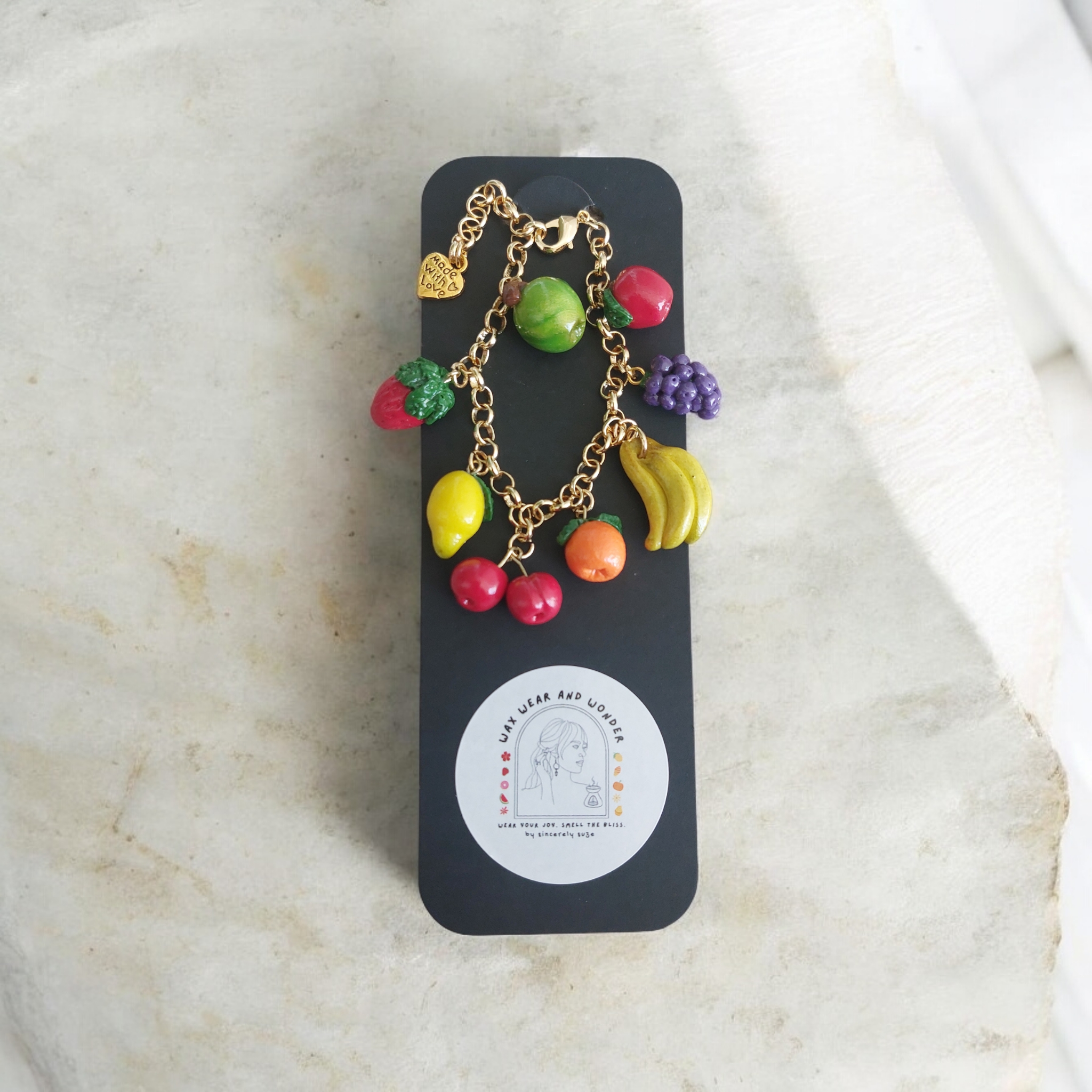 Charm Bracelet - Fruit Fiesta, 14K Gold Plated Chain & Clasp
