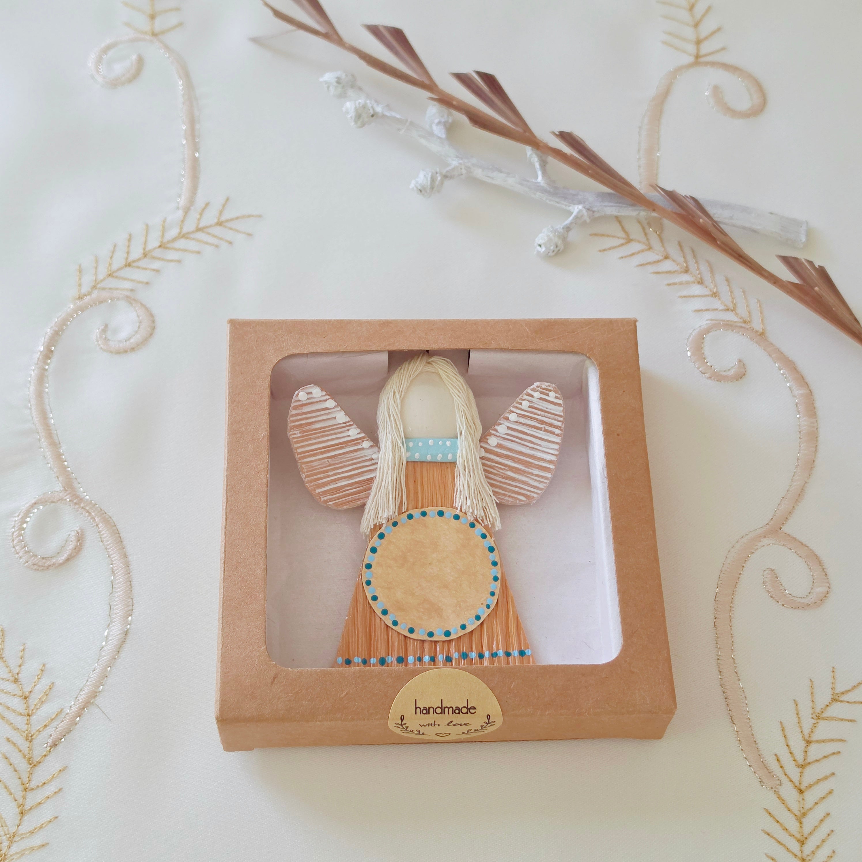 Hello - Palm Angel Ornament Keepsake, light blue and teal dots