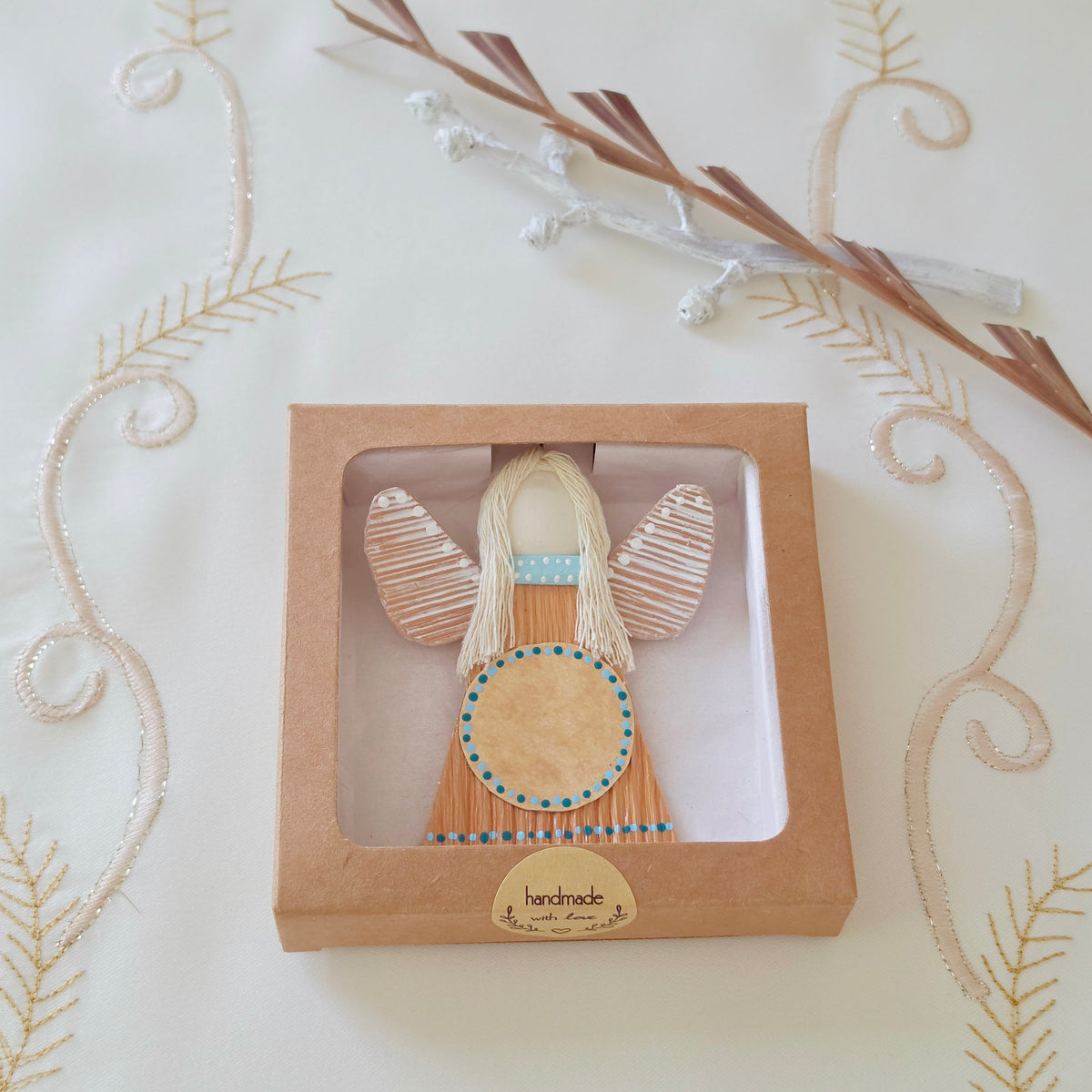 Hello - Palm Angel Ornament Keepsake, light blue and teal dots