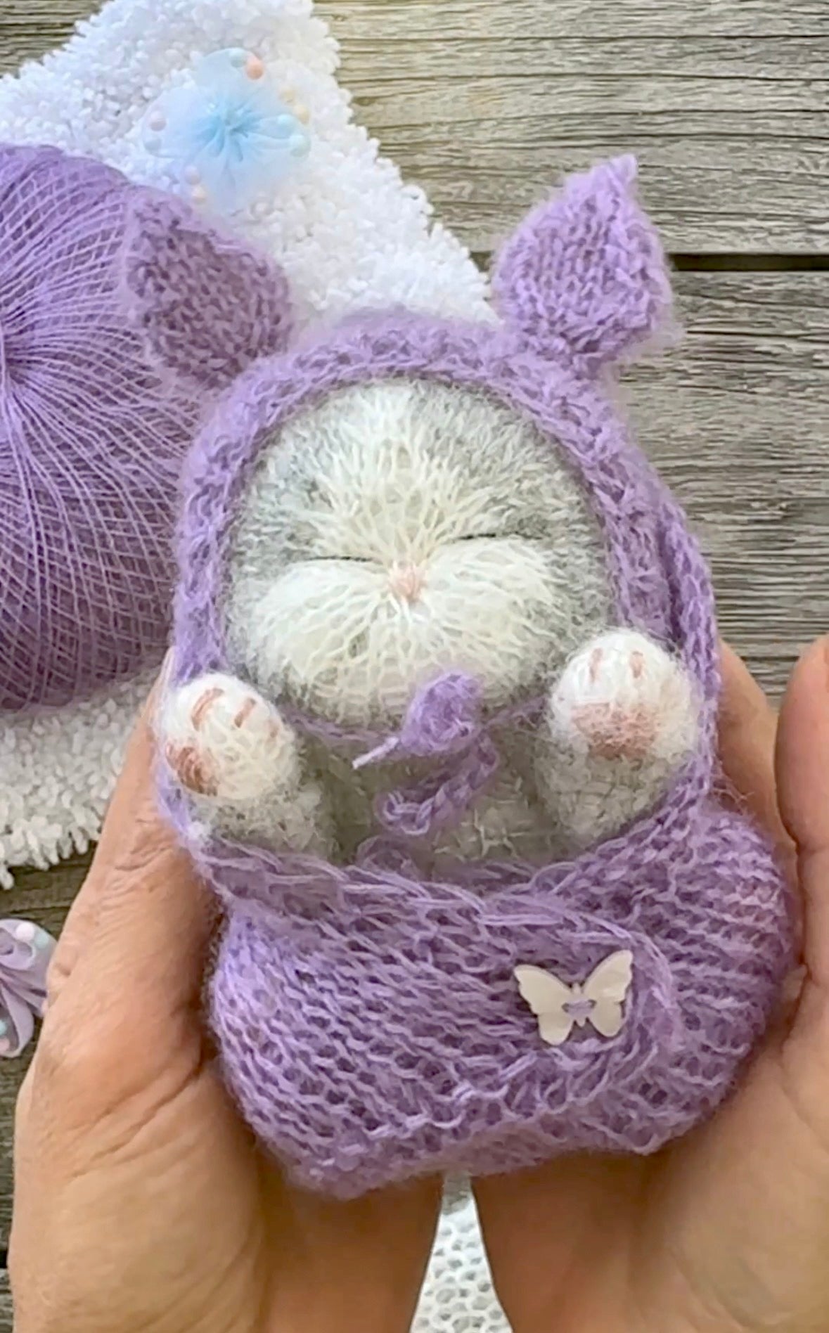 Handmade Grey and White Knitted Sleeping Kitty Toy in The Purple Bunny Hat and Blanket