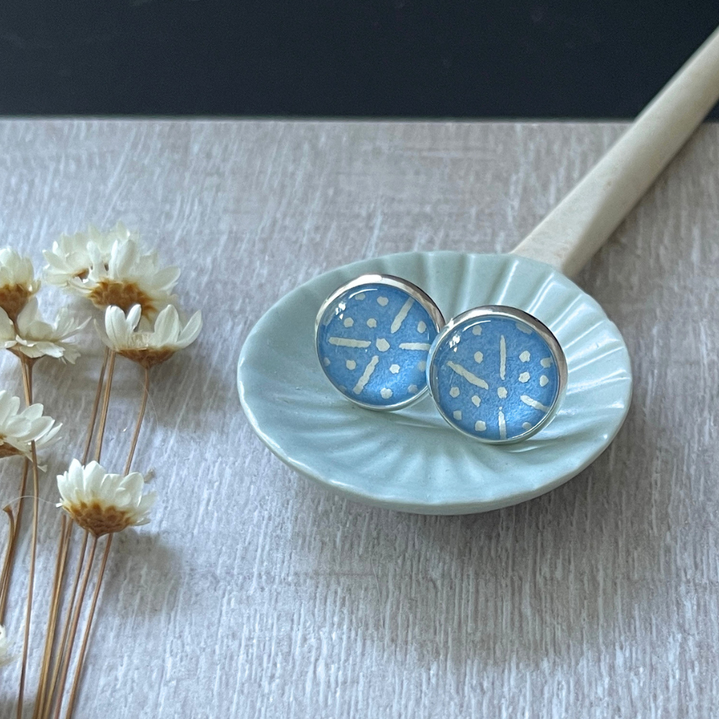 Cornflower Blue and White Geometric Patterned Earrings • Handmade with Japanese Papers