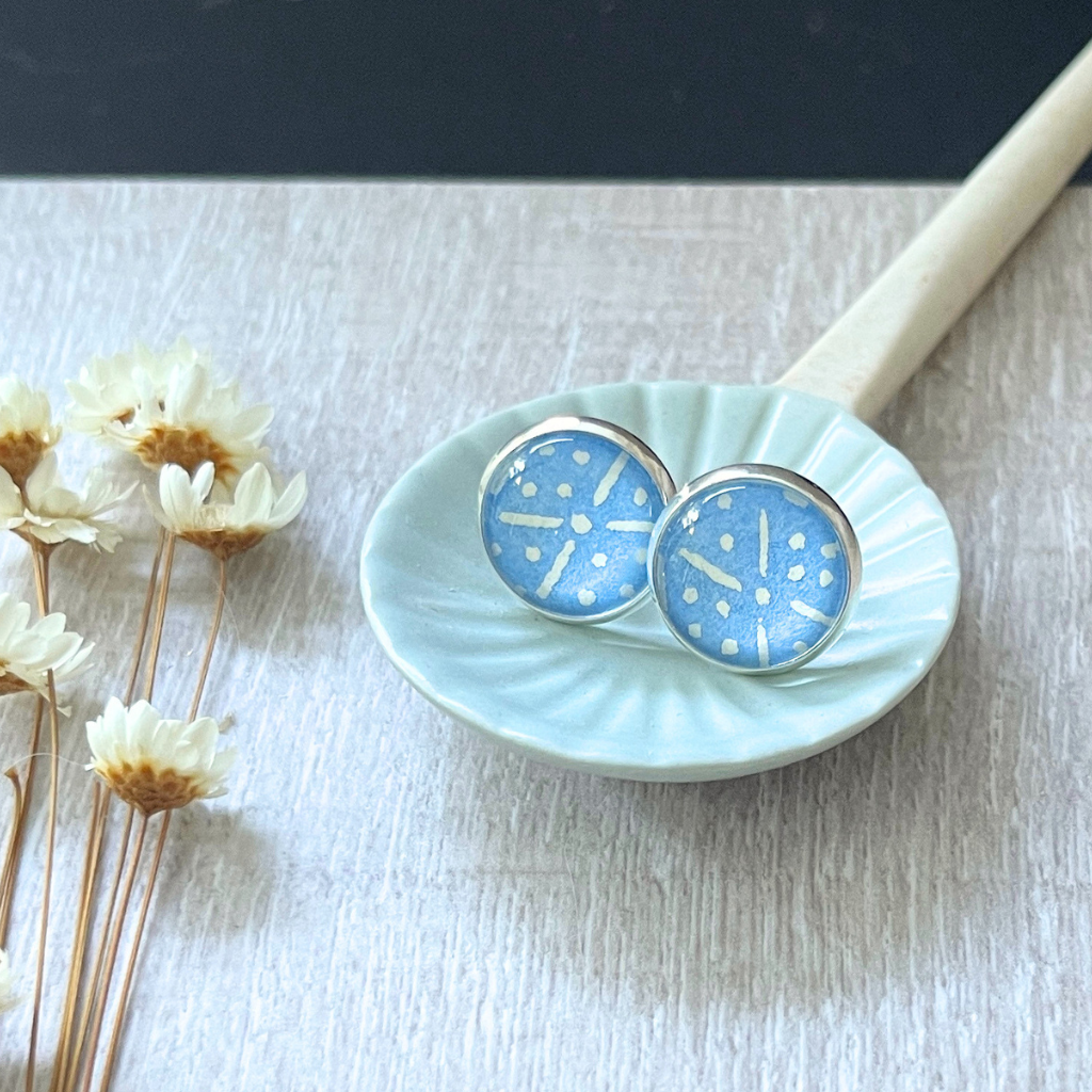 Cornflower Blue and White Geometric Patterned Earrings • Handmade with Japanese Papers